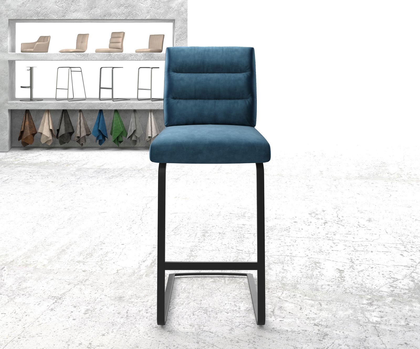 Chaise-de-bar Pela-Flex velours bleu chaise cantilever métal plat 1