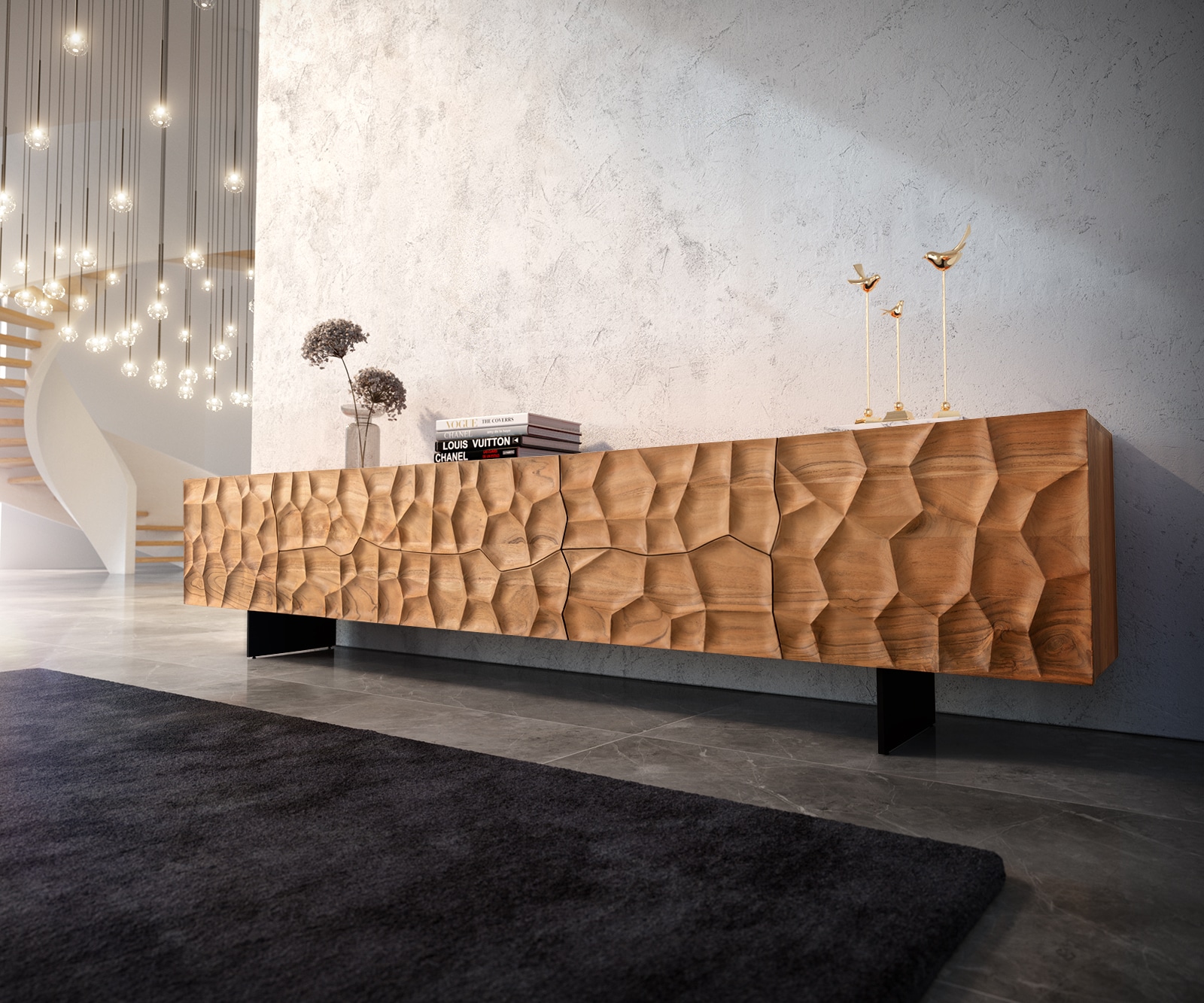 Lowboard Solu 260 cm Akazie Natur 2 Türen 6 Schübe Fuß schwebend Metall Schwarz 3D-Front Lowboard Solu 260 cm Akazie Natur 2 Türen 6 Schübe Fuß schwebend Metall Schwarz 3D-Front