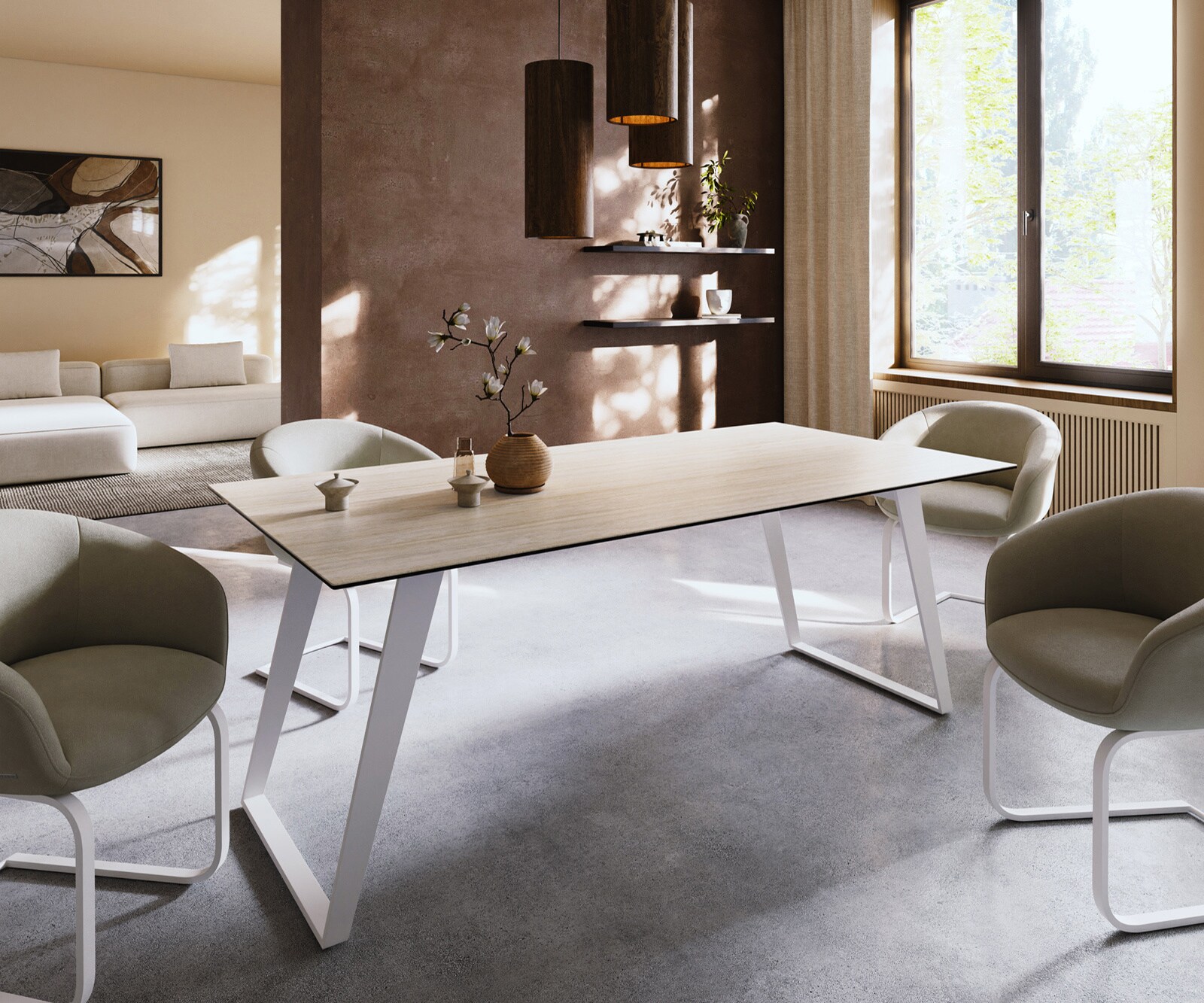 Esstisch Edge 200x100 Keramik Laminam® Travertino Bianco Creme-Weiß Metall Schräg Weiß 1