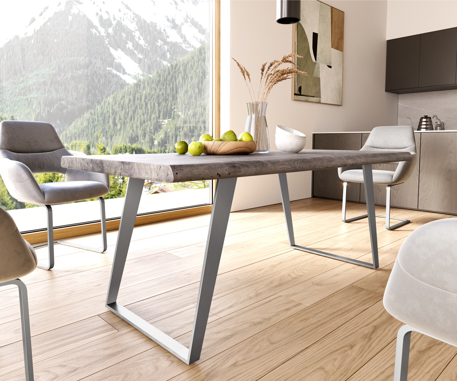 Esstisch Edge 180x90 XL Akazie Platin Metall Schräg Live-Edge 6 Esstisch Edge 180x90 XL Akazie Platin Metall Schräg Live-Edge 6