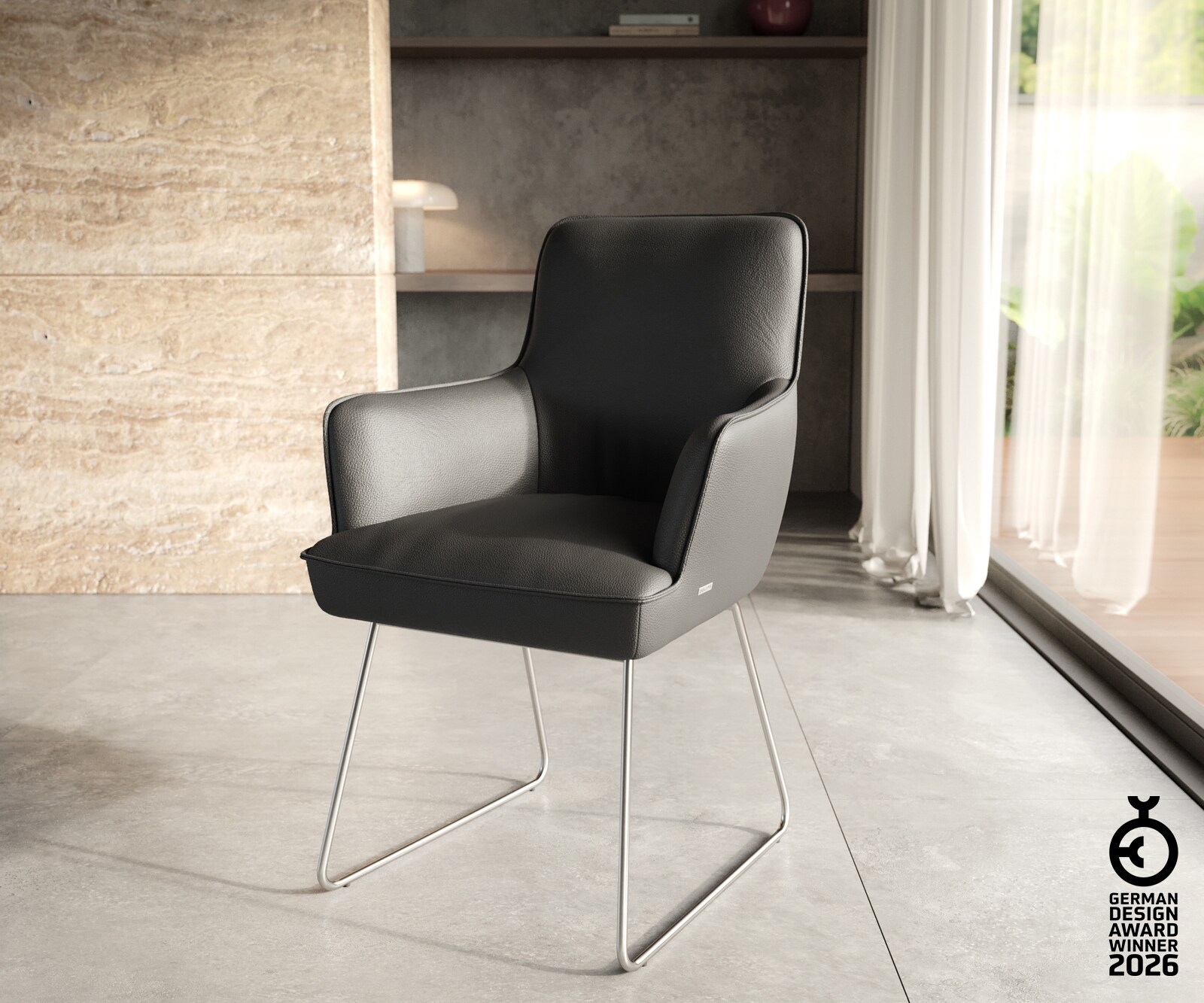 Chaise-de-salle-à-manger Heira-Flex avec accoudoirs cuir de vache noir pied trapèze acier inoxydable brossé ressorts ensachés