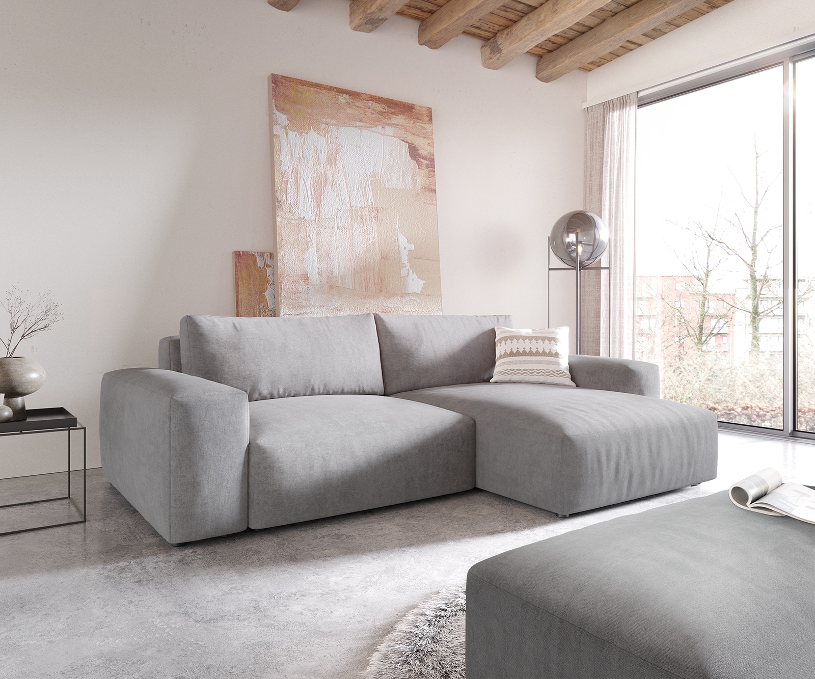 Ecksofa Lanzo XL 270x180 cm Mikrofaser Grau Recamiere variabel mit Hocker