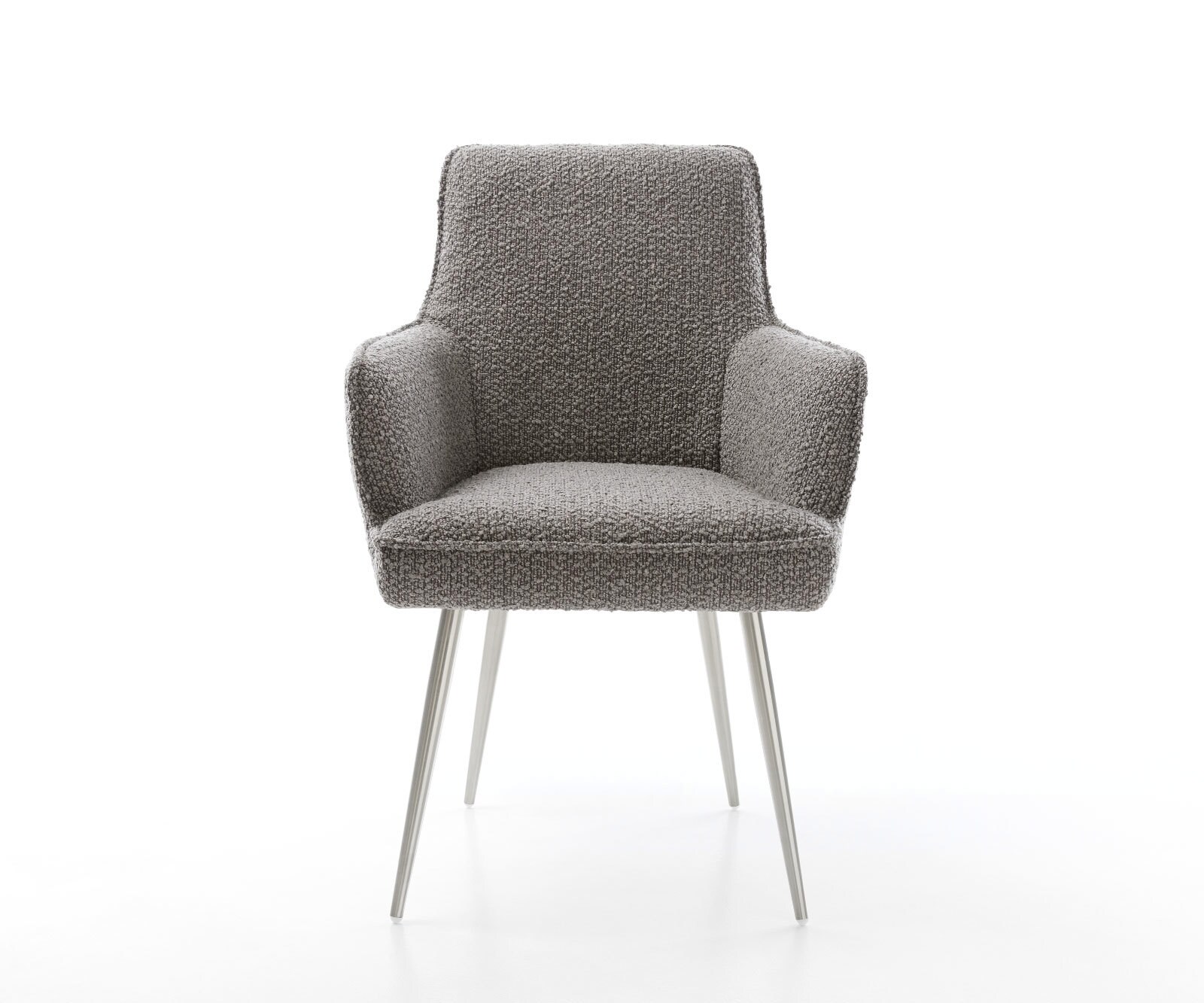 Chaise-de-salle-à-manger Heira-Flex avec accoudoirs bouclé gris argenté 4 pieds coniques acier inoxydable brossé ressorts ensachés 1