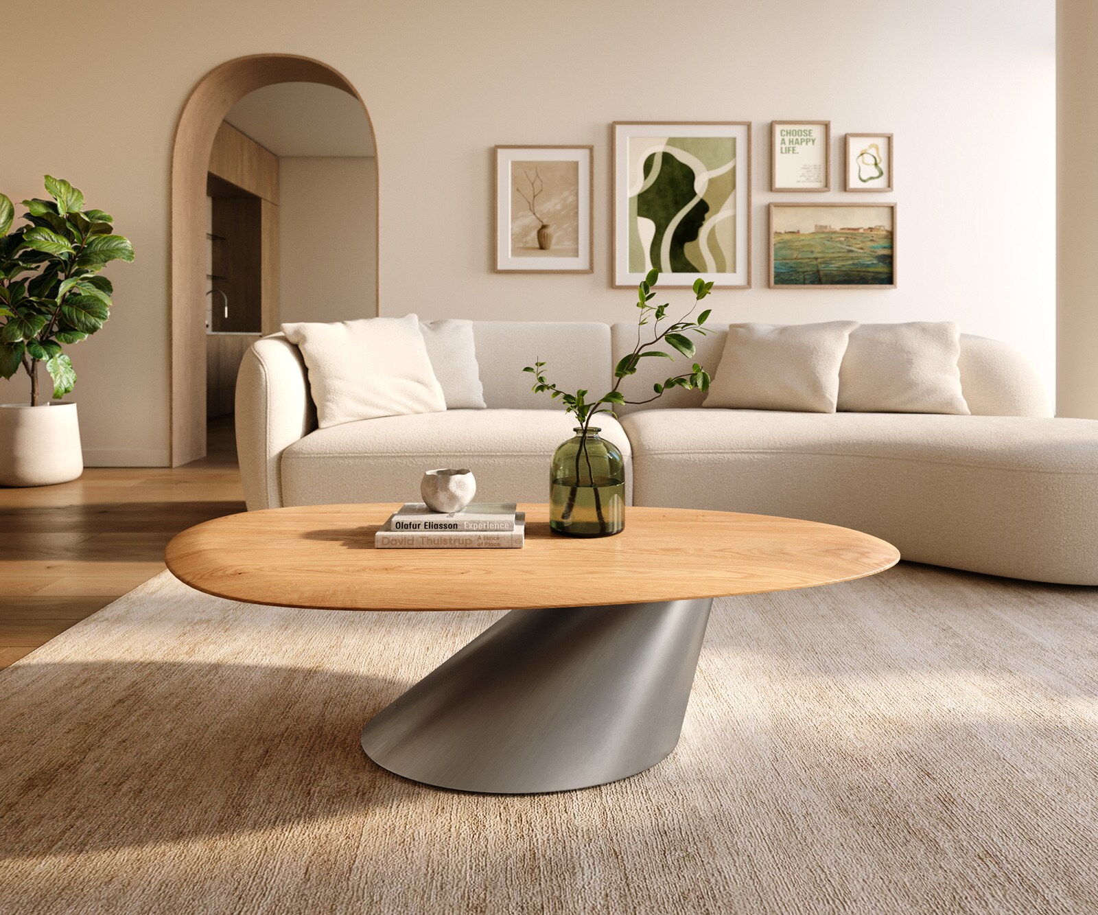 Couchtisch Edge Oval 140x75 cm Eiche Natur Runde Kante Conis Edelstahl gebürstet 1