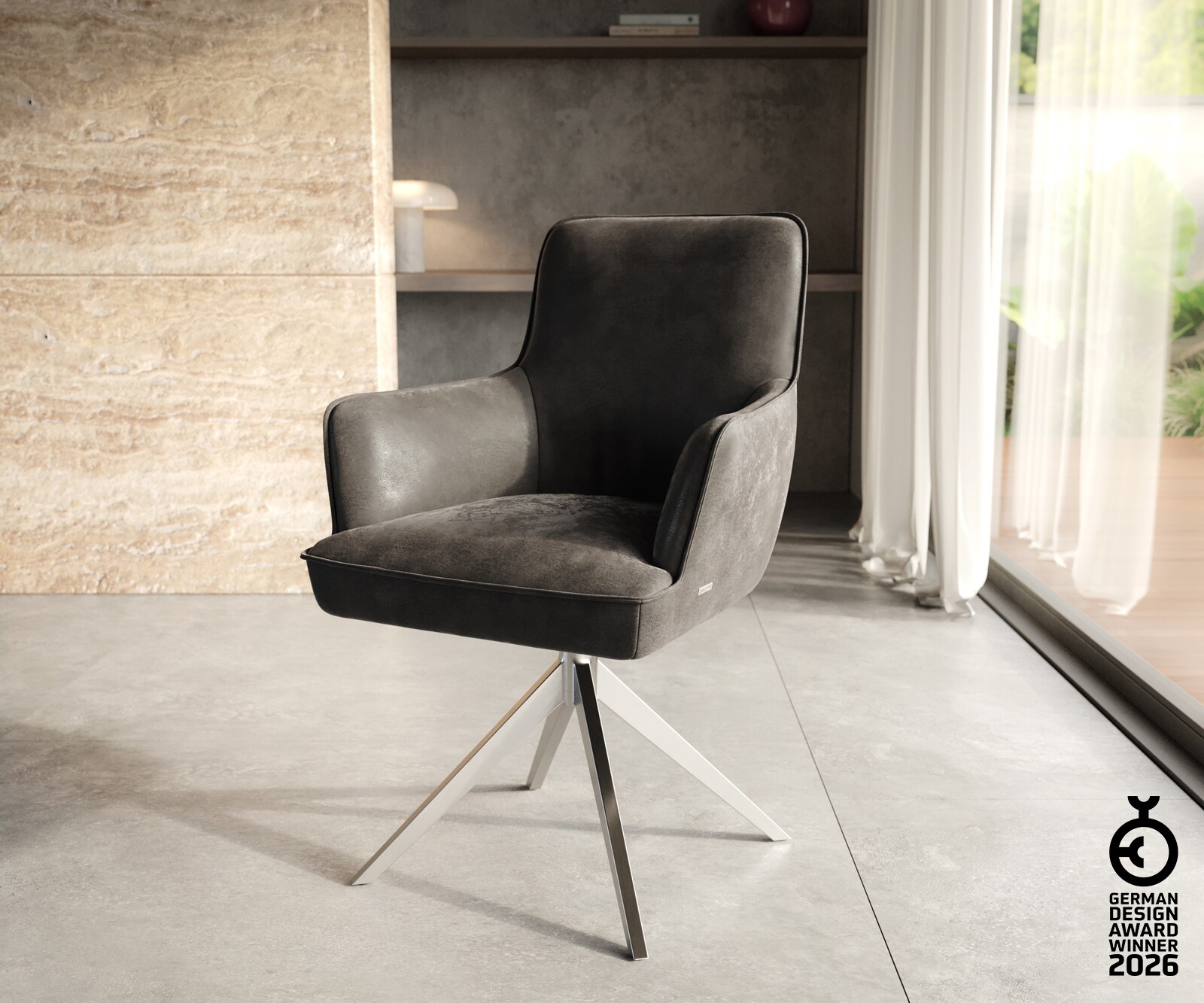 Chaise-pivotante Heira-Flex avec accoudoirs microvelours anthracite vintage pied croisé large acier inoxydable brossé pivotement sur 360° ressorts ensachés