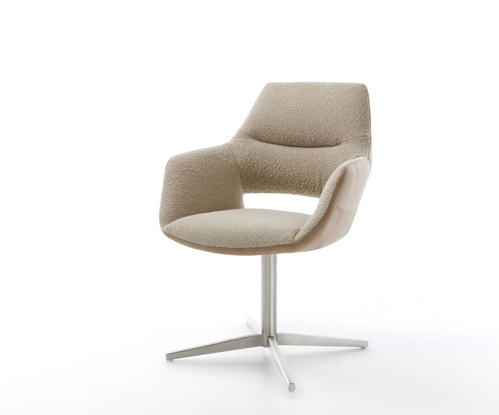Chaise-pivotante Yago-Flex avec accoudoirs tissu mixte couleur boue pied de chaise 4 branches acier inoxydable brossé pivotement sur 360° ressorts ensachés