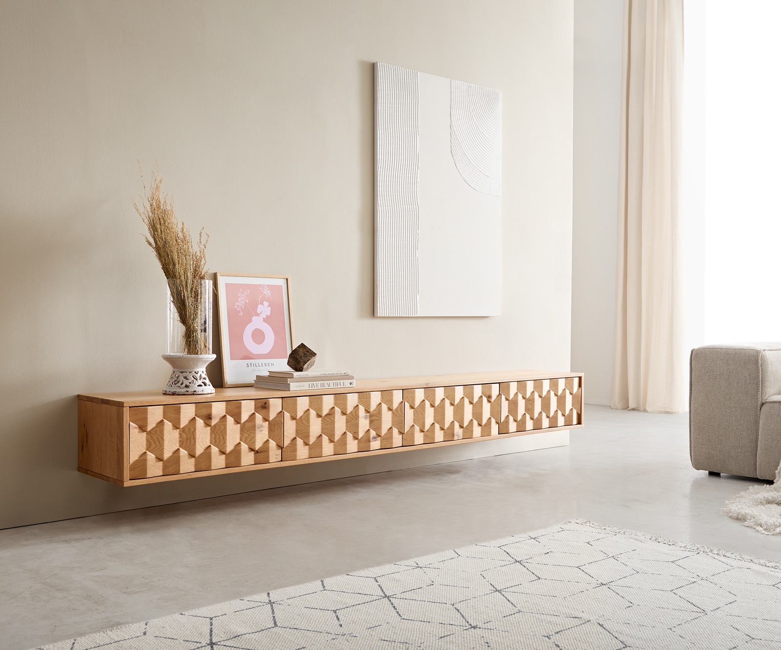 Lowboard Fevo 220 cm Eiche Natur 4 Türen schwebend Lowboard Fevo 220 cm Eiche Natur 4 Türen schwebend