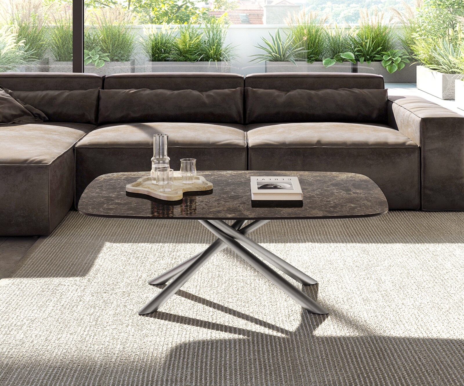 Couchtisch Edge Boot 120x70 cm Keramik Laminam® Emperador Extra Lucidato Dunkelbraun Sarity Edelstahl gebürstet 2