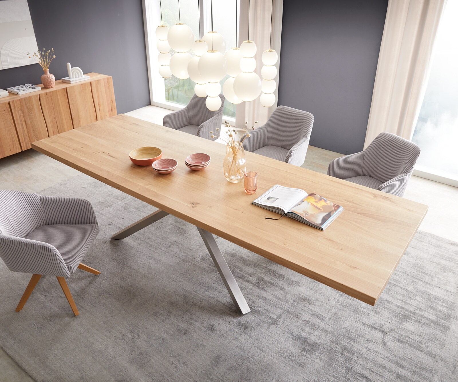 Table à manger Edge 300x100 chêne nature cadre croisé rectangle acier inoxydable 4