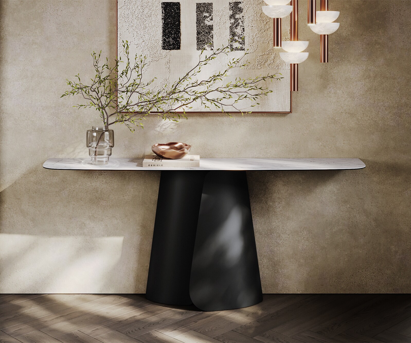 Console Edge forme bateau 180x40 cm Céramique Laminam® Statuarietto Weiß Livos Métal Noir