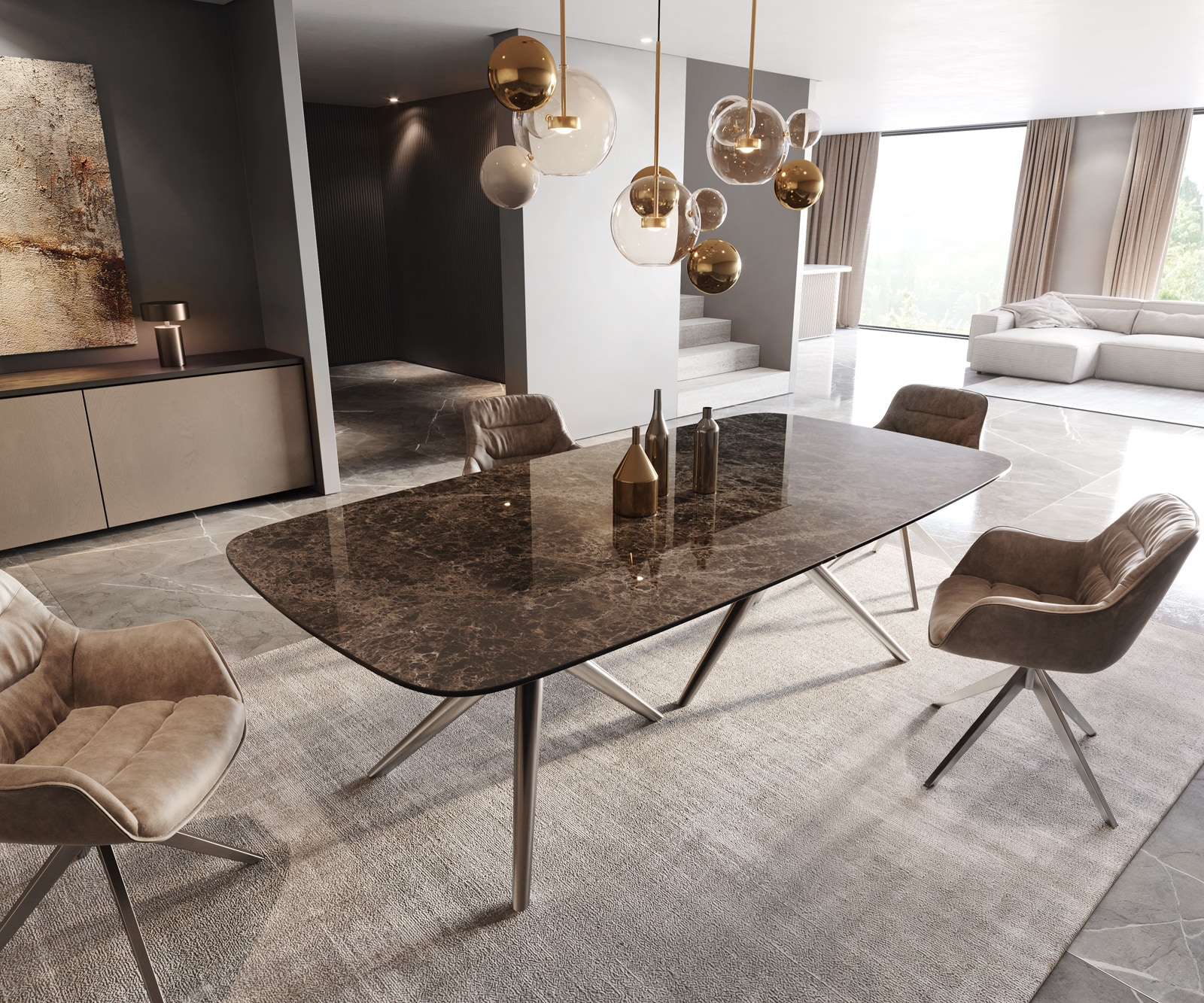 Esstisch Edge Boot 240x120 Keramik Laminam® Emperador Extra Lucidato Dunkelbraun Estelar rund Edelstahl 1