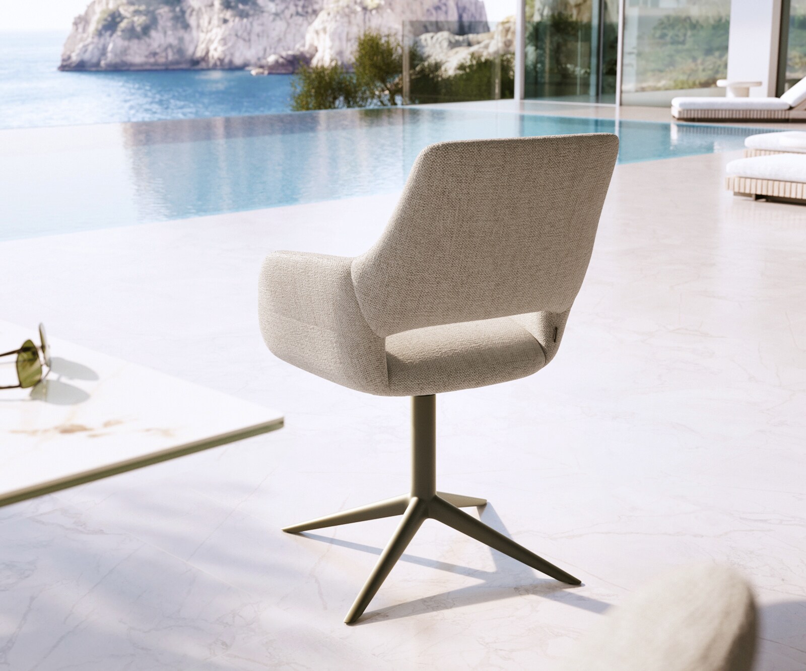 Chaise-d'extérieur Yago-Flex avec accoudoirs tissu texturé gris-blanc pied de chaise 4 branches aspect titane pivotement sur 360° fonction bascule 4