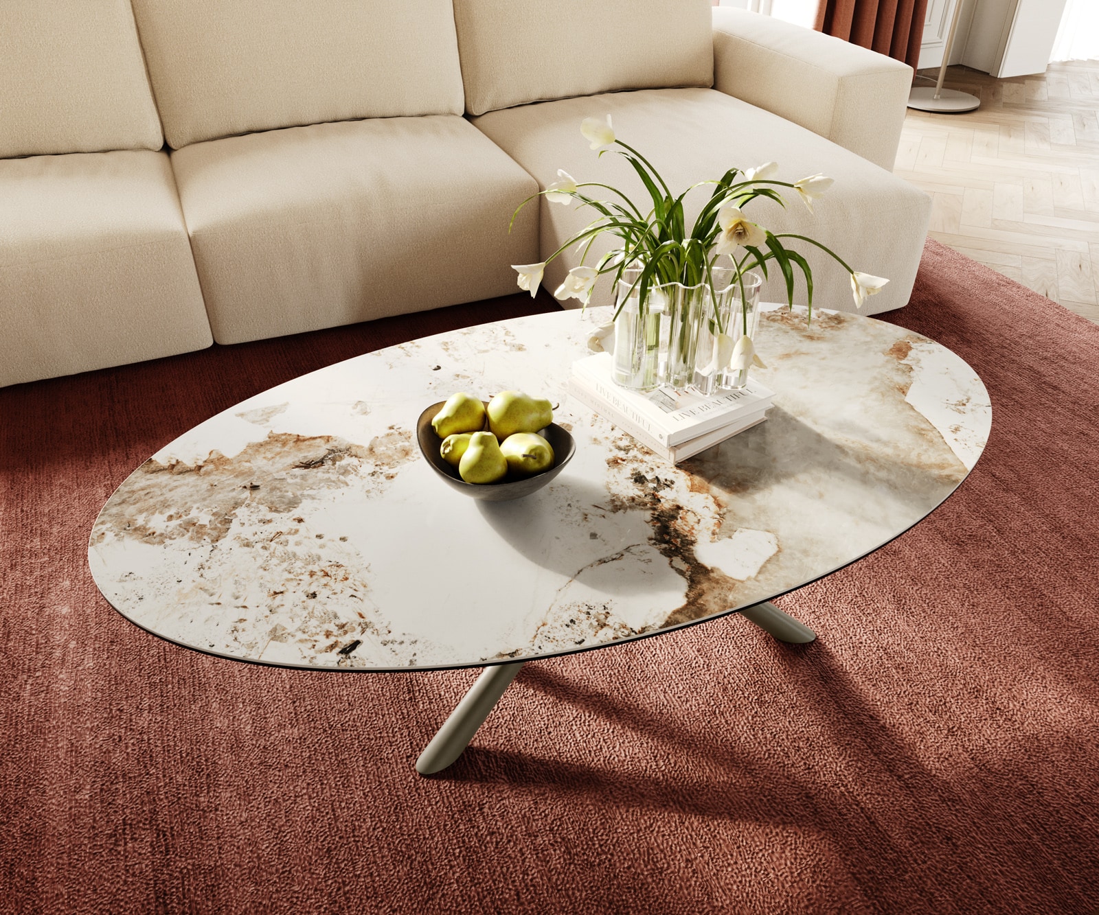 Table basse Edge Oval 140x80 cm céramique Minas Melange Sarity Metall finition effet titane 4