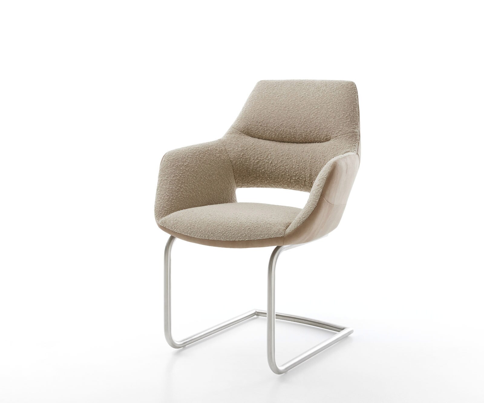 Cantilever Yago-Flex avec accoudoirs tissu mixte couleur boue pied cantilever rond acier inoxydable brossé ressorts ensachés 1