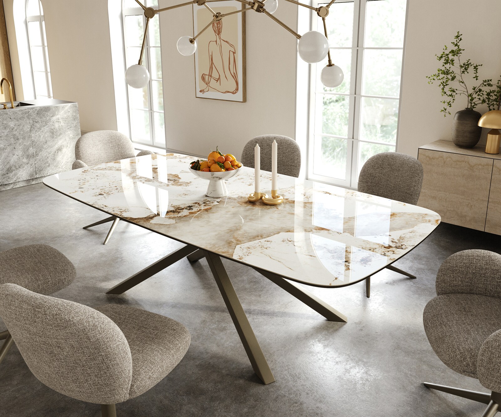 Table à manger Edge Boot 240x120 cm Céramique Minas Melange Blanc-Beige piètement en croix Rectangle Finition effet Titan