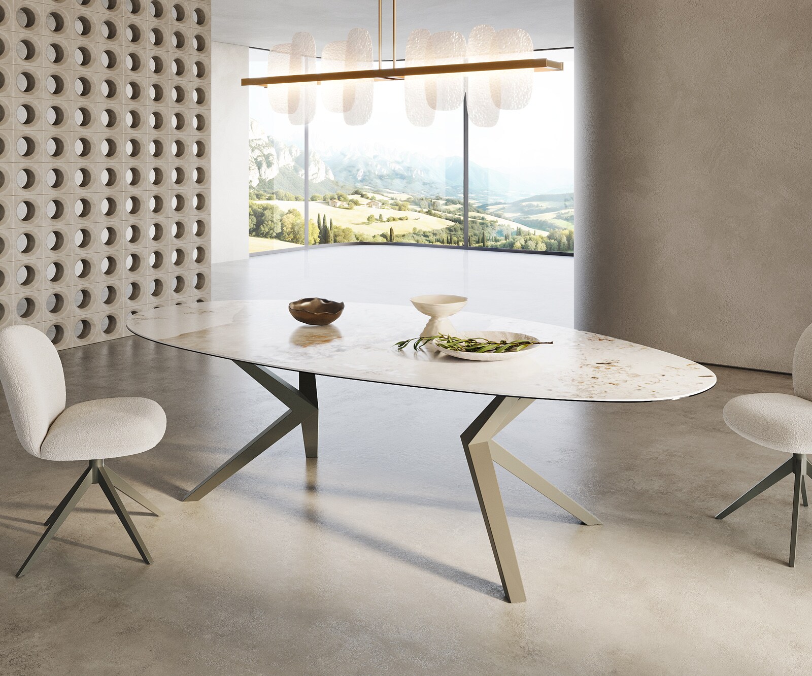 Table à manger Edge Ovale 280x130 Céramique Minas Melange Blanc-Beige Zenthara anguleux Métal finition à effet Titane 3