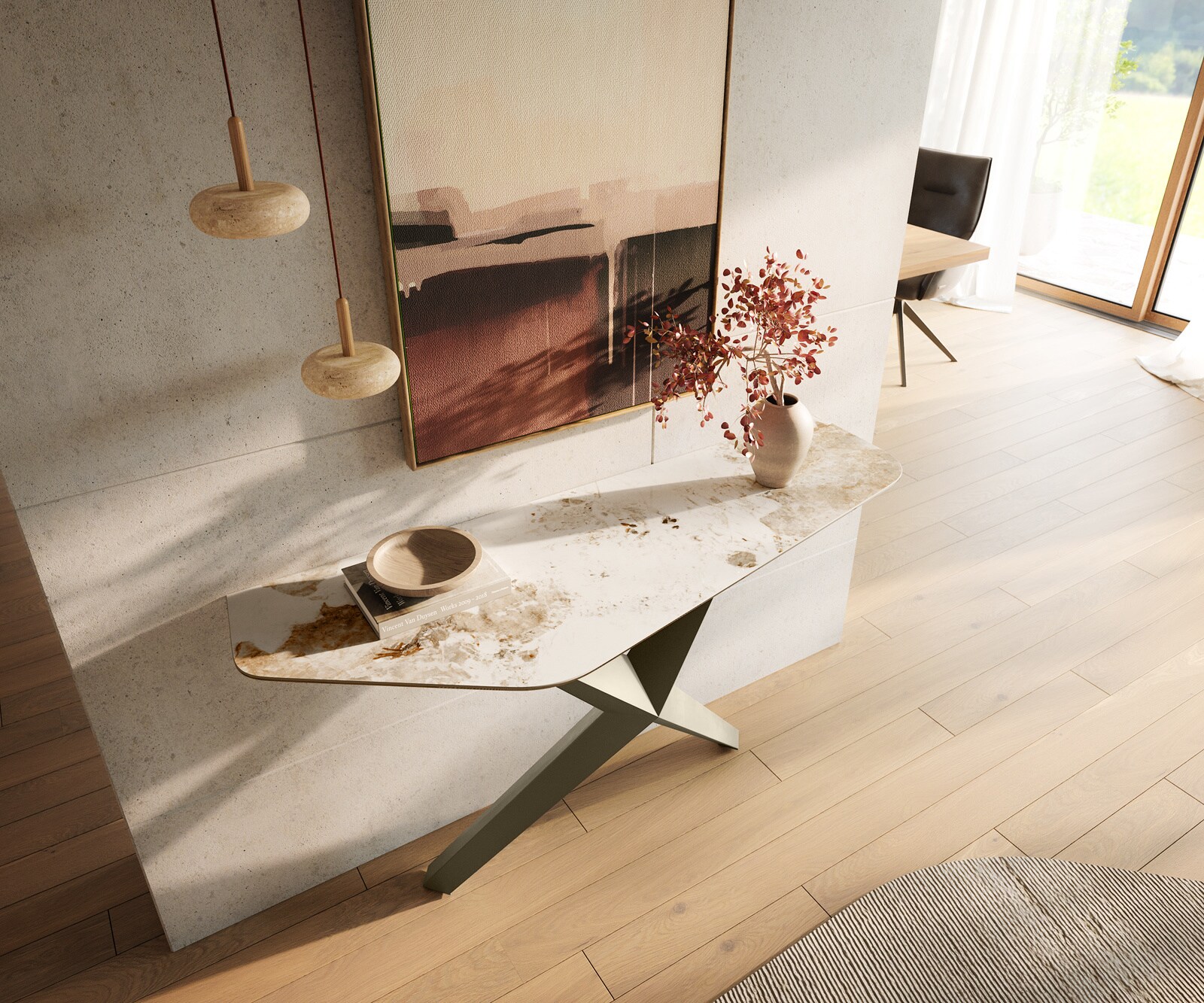 Console Edge Polygonal 140x50 cm Céramique Minas Melange Weiß-Beige Zentharo Métal Effektfinish Titan 2