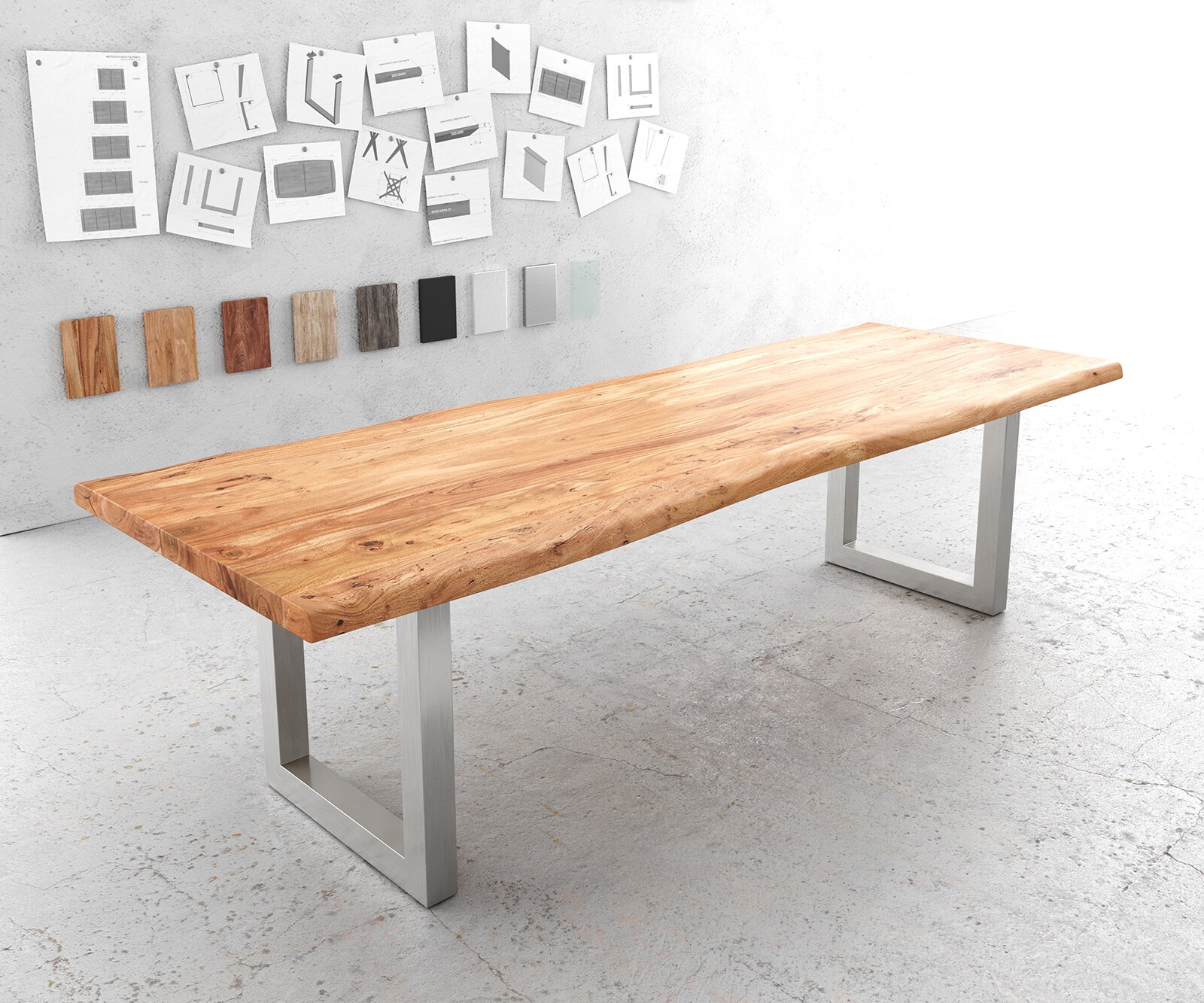 Esstisch Edge 280x100cm XL Akazie Natur Edelstahl breit Live-Edge 1