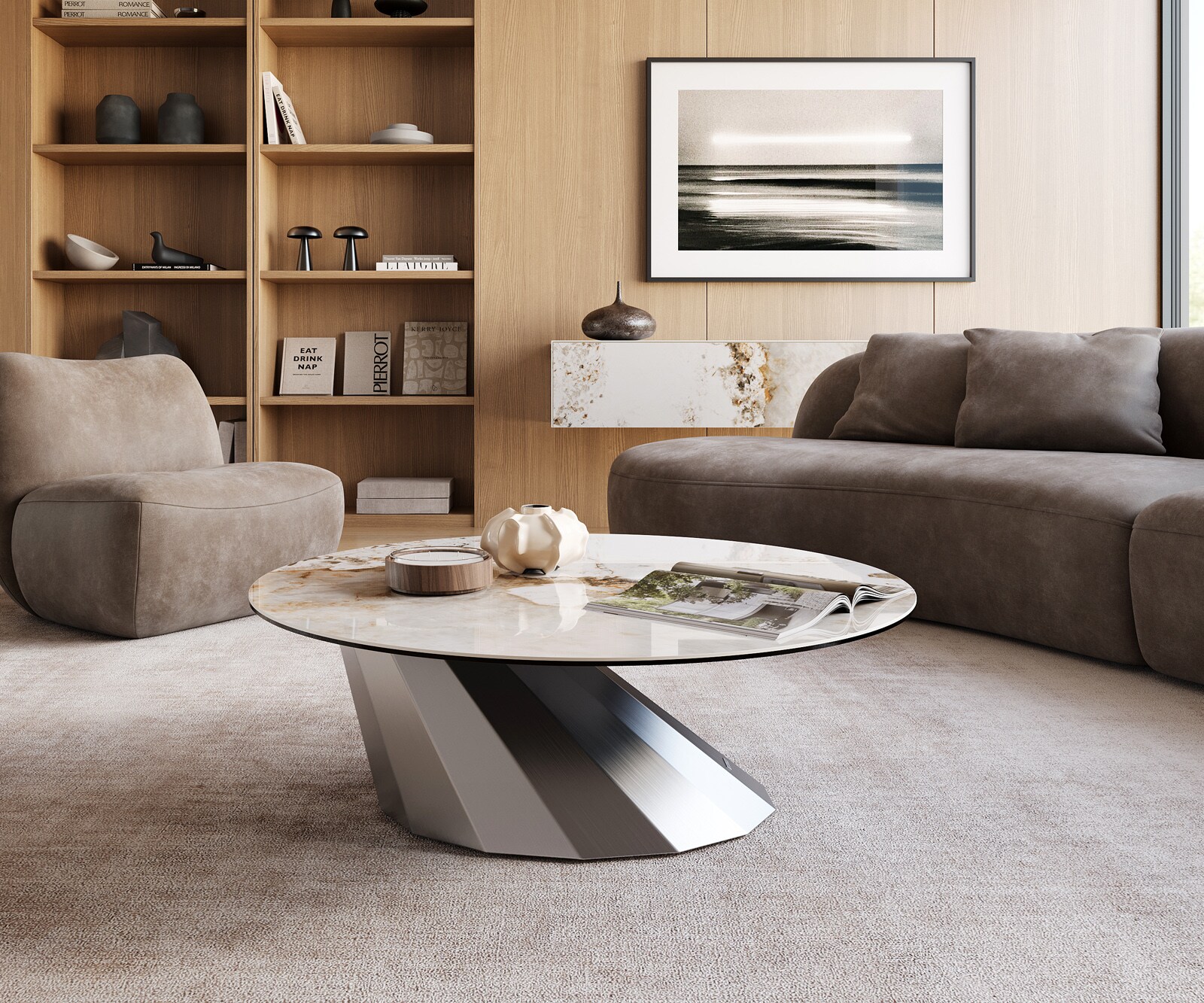 Table basse Edge rond 100x100 cm céramique Minas Melange Parabi acier inoxydable brossé 1