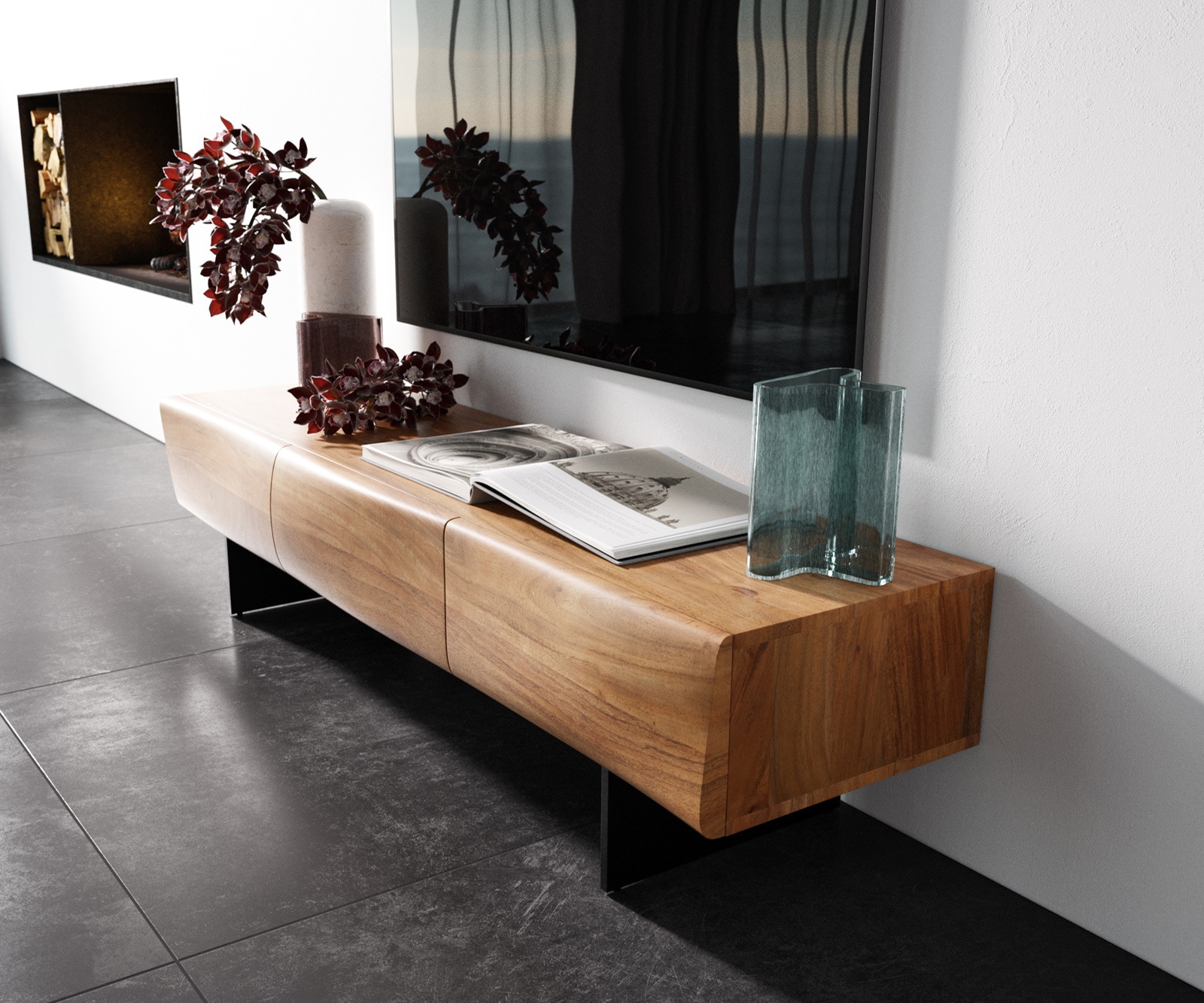 Meuble - TV New Live-Edge 145 cm acacia naturel 3 portes pied flottant métal noir 1 Meuble - TV New Live-Edge 145 cm acacia naturel 3 portes pied flottant métal noir 1