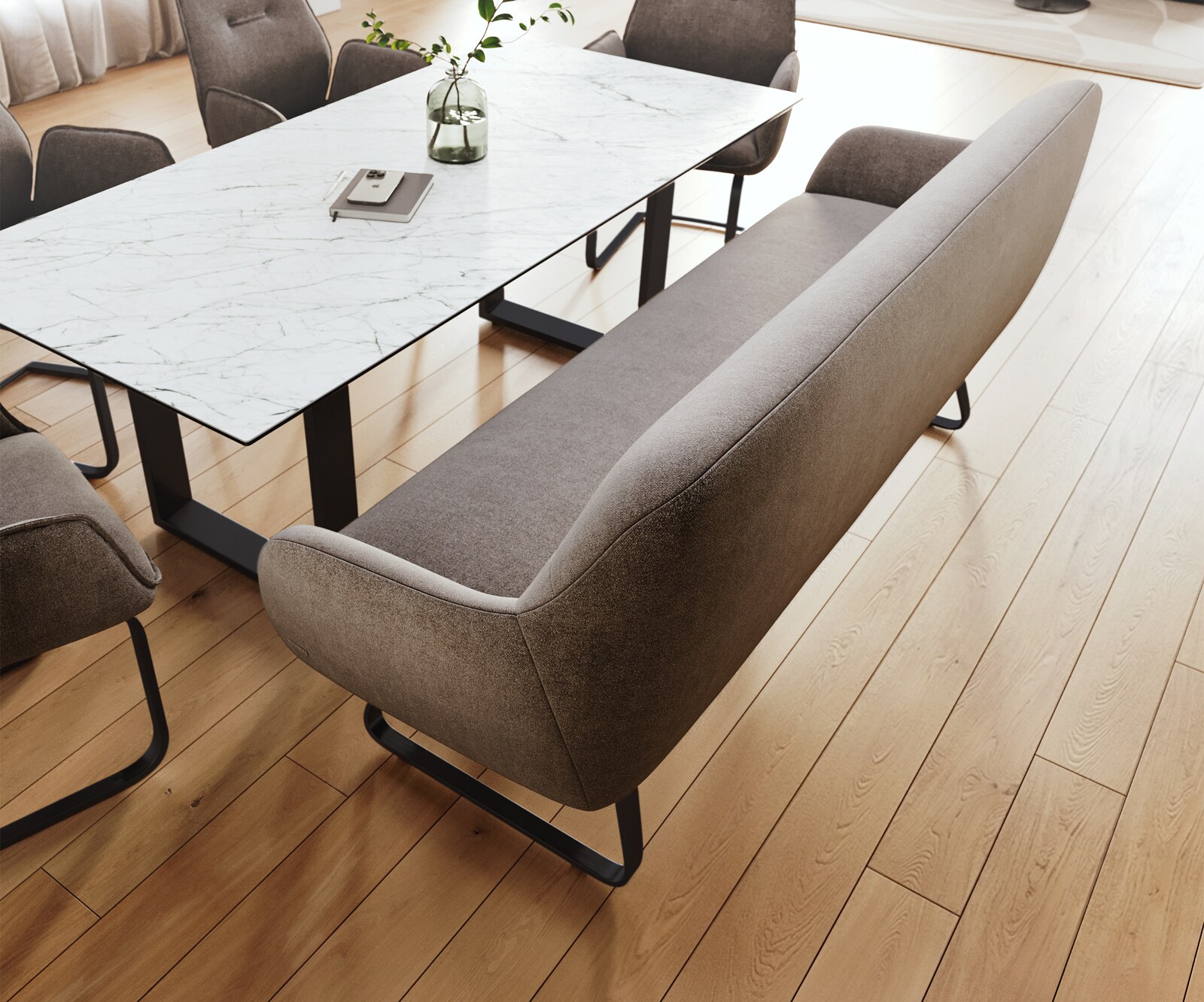 Banc-de-salle-à-manger Taya-Flex 200 cm tissu structuré doux taupe châssis à patins plat noir ressort ensaché 4