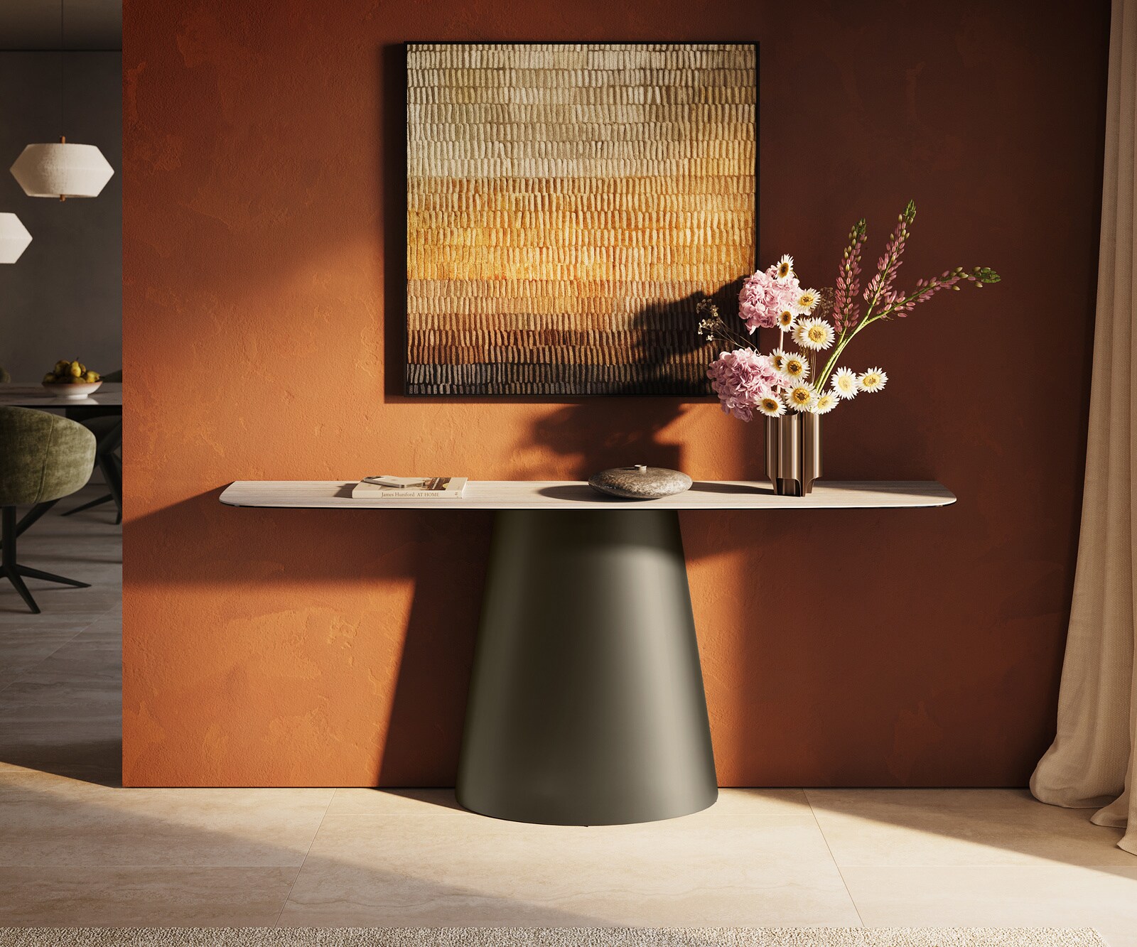 Console Edge forme bateau 180x40 cm Céramique Laminam® Travertino Bianco Creme-Weiß Conos Métal Effektfinish Titan 1