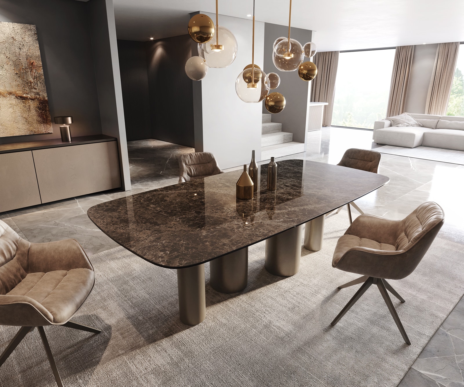 Esstisch Edge Boot 240x120 Keramik Laminam® Emperador Extra Lucidato Dunkelbraun Pilier Metall Effektfinish Titan 1