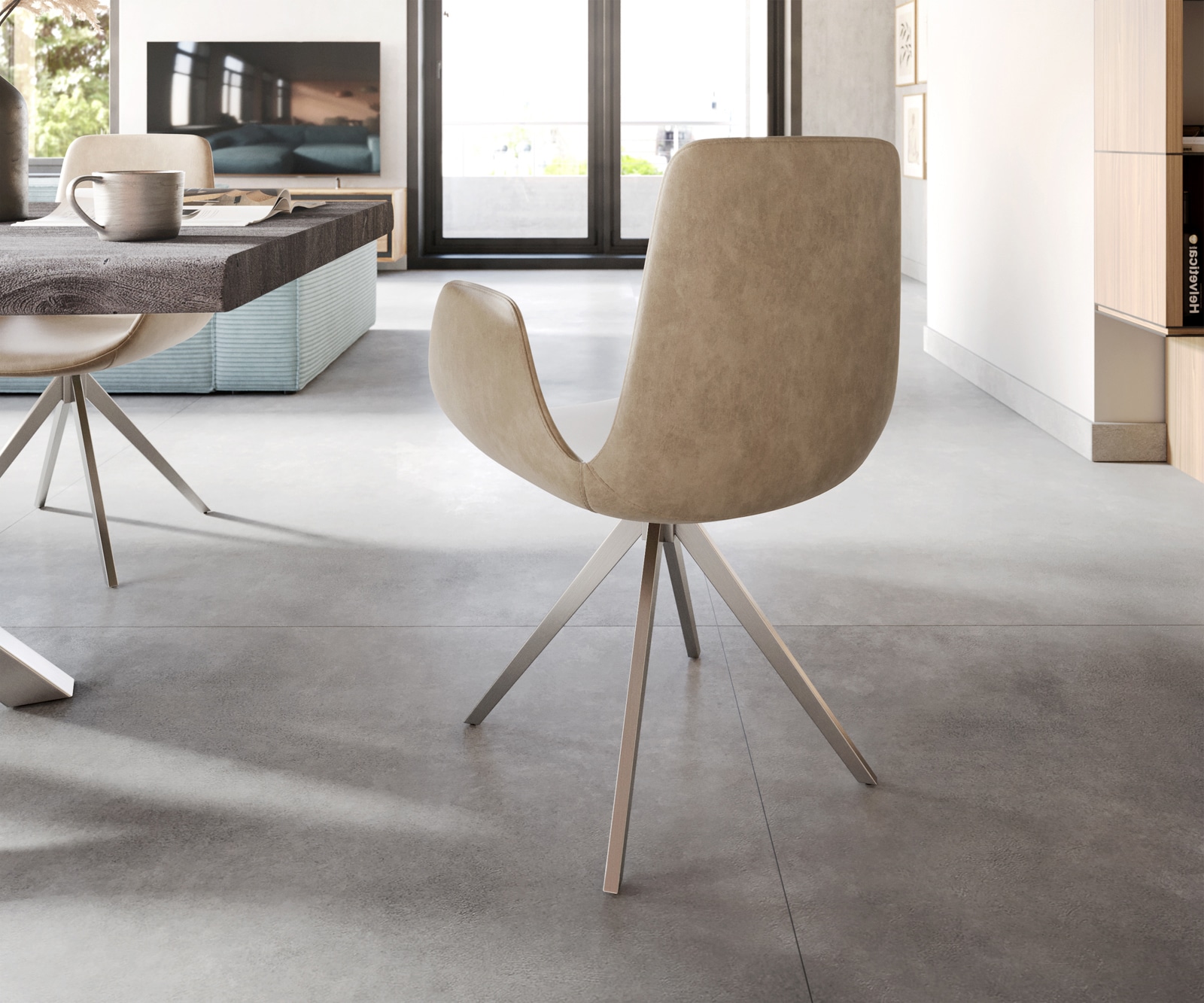 Esszimmerstuhl Ilia-Flex mit Armlehnen Mikrofaser Beige Vintage Kreuzgestell kantig Edelstahl 4 Esszimmerstuhl Ilia-Flex mit Armlehnen Mikrofaser Beige Vintage Kreuzgestell kantig Edelstahl 4