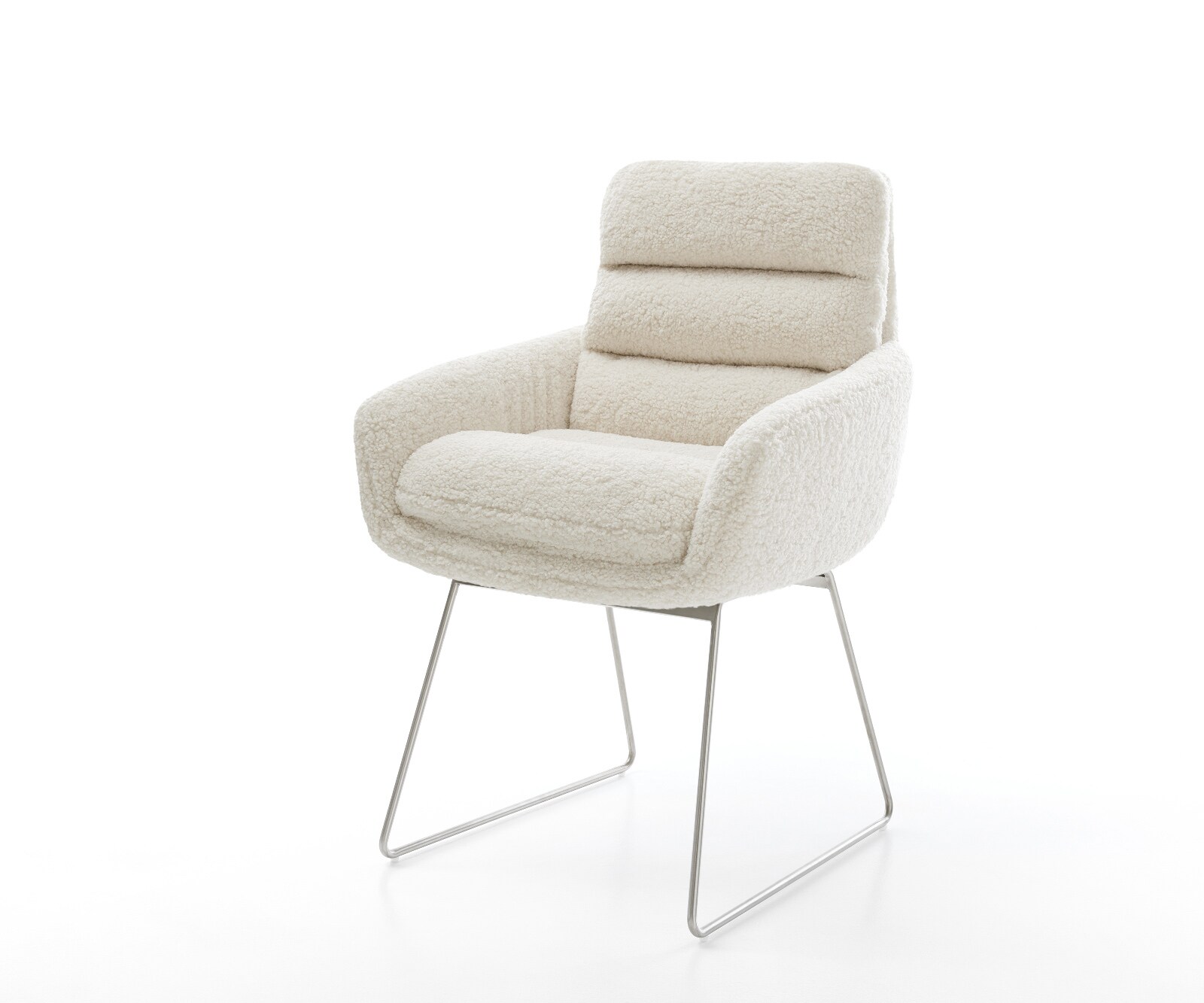 Chaise-de-salle-à-manger Abelia-Flex avec accoudoirs tissu teddy beige pied trapèze acier inoxydable