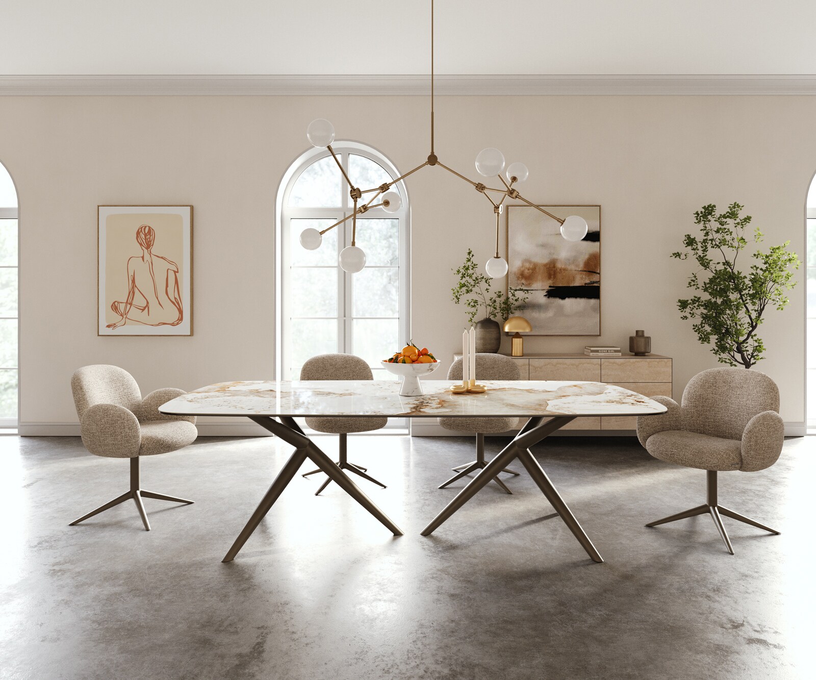 Table à manger Edge Boot 240x120 cm Céramique Minas Melange Blanc-Beige Estelar rond Métal Finition effet Titan 1