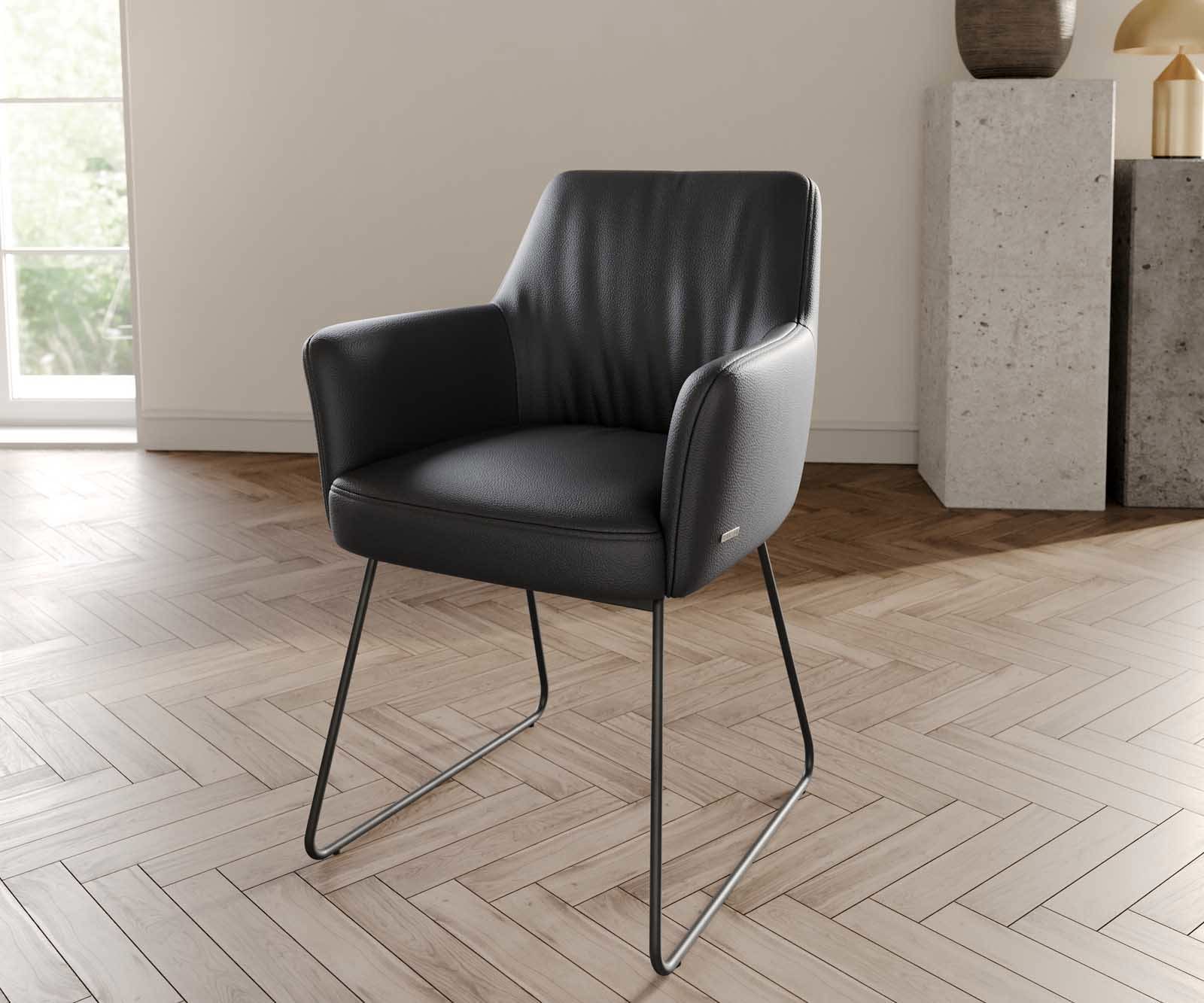 Esszimmerstuhl Xana-Flex mit Armlehnen Echt-Leder Schwarz Kufengestell Schwarz Taschenfederkern Esszimmerstuhl Xana-Flex mit Armlehnen Echt-Leder Schwarz Kufengestell Schwarz Taschenfederkern