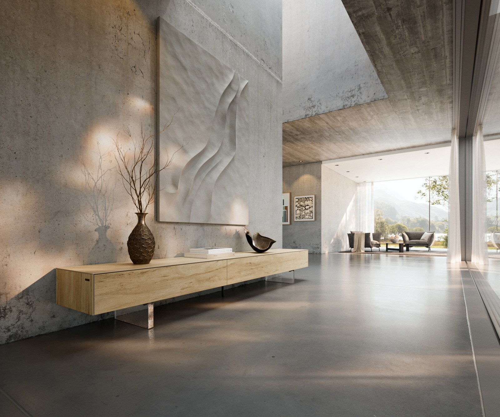 Lowboard Cuor 250 cm Keramik Laminam® Sabbia Eichefarbig 1 Klappe 1 Schubfach Fuß Schwebeoptik Acrylglas 1