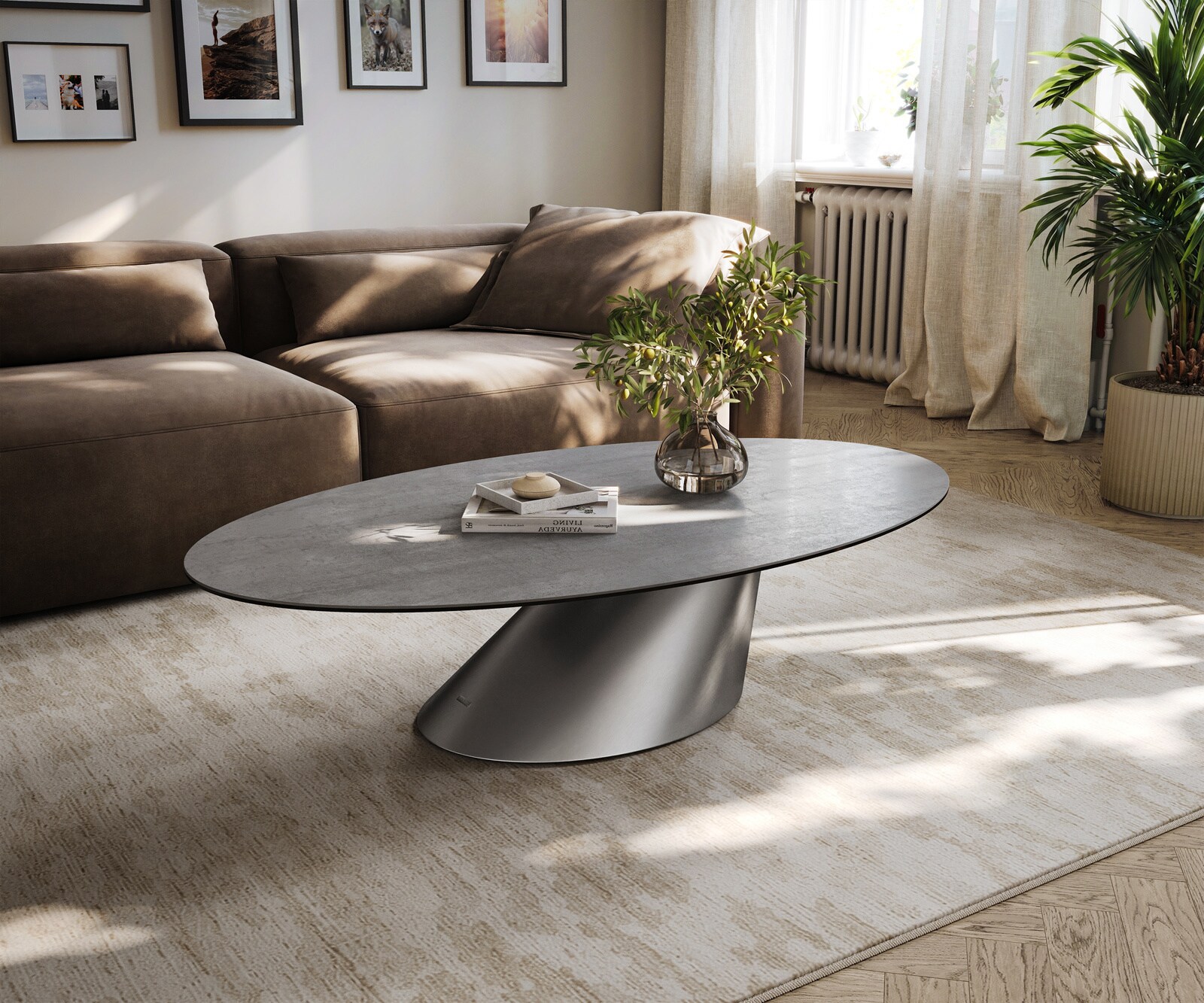 Couchtisch Edge Oval 135x80 cm Keramik Beton Grau Conis Edelstahl gebürstet 1