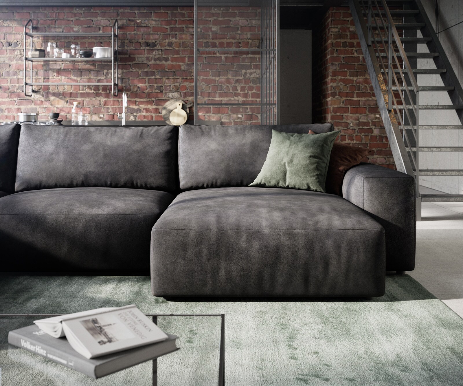 Wohnlandschaft Lanzo 300x210 cm Lederimitat Vintage Anthrazit Recamiere variabel mit Hocker 5