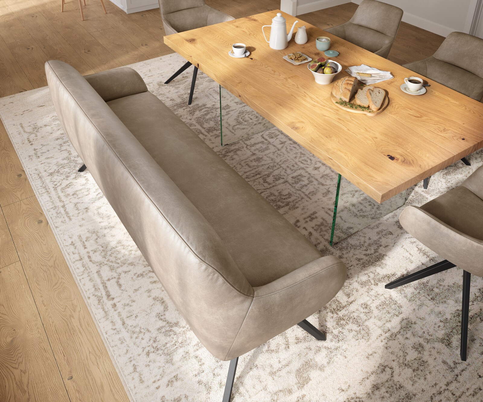 Banc-de-salle-à-manger Taya-Flex 200 cm microfibre beige vintage pied croisé angulaire noir ressort ensaché 3