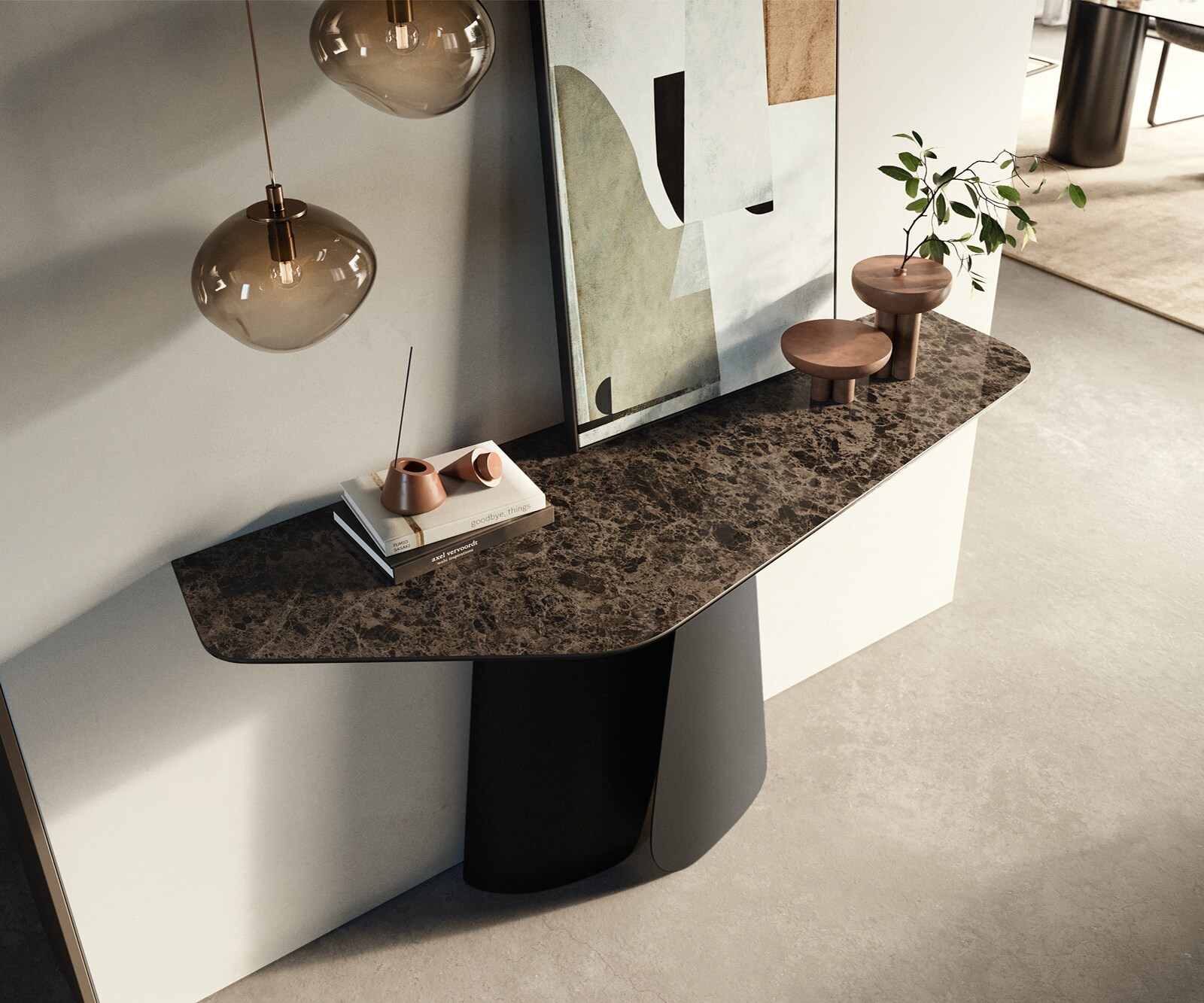 Console Edge Polygonal 140x50 cm Céramique Emperador Extra Lucidato Dunkelbraun Livos Métal Noir 2