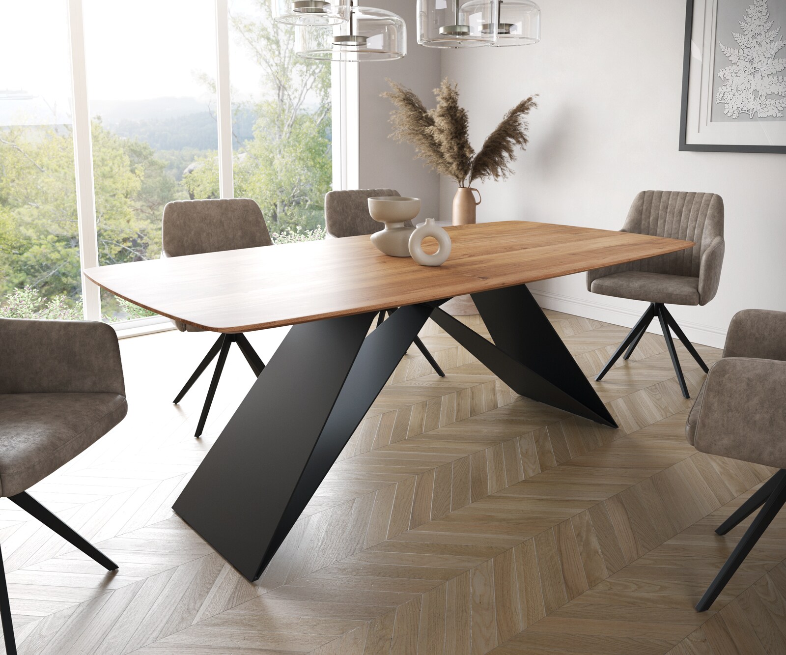 Table à manger Edge Boot 200x100 acacia nature cadre en V acier plat noir bord suisse 1