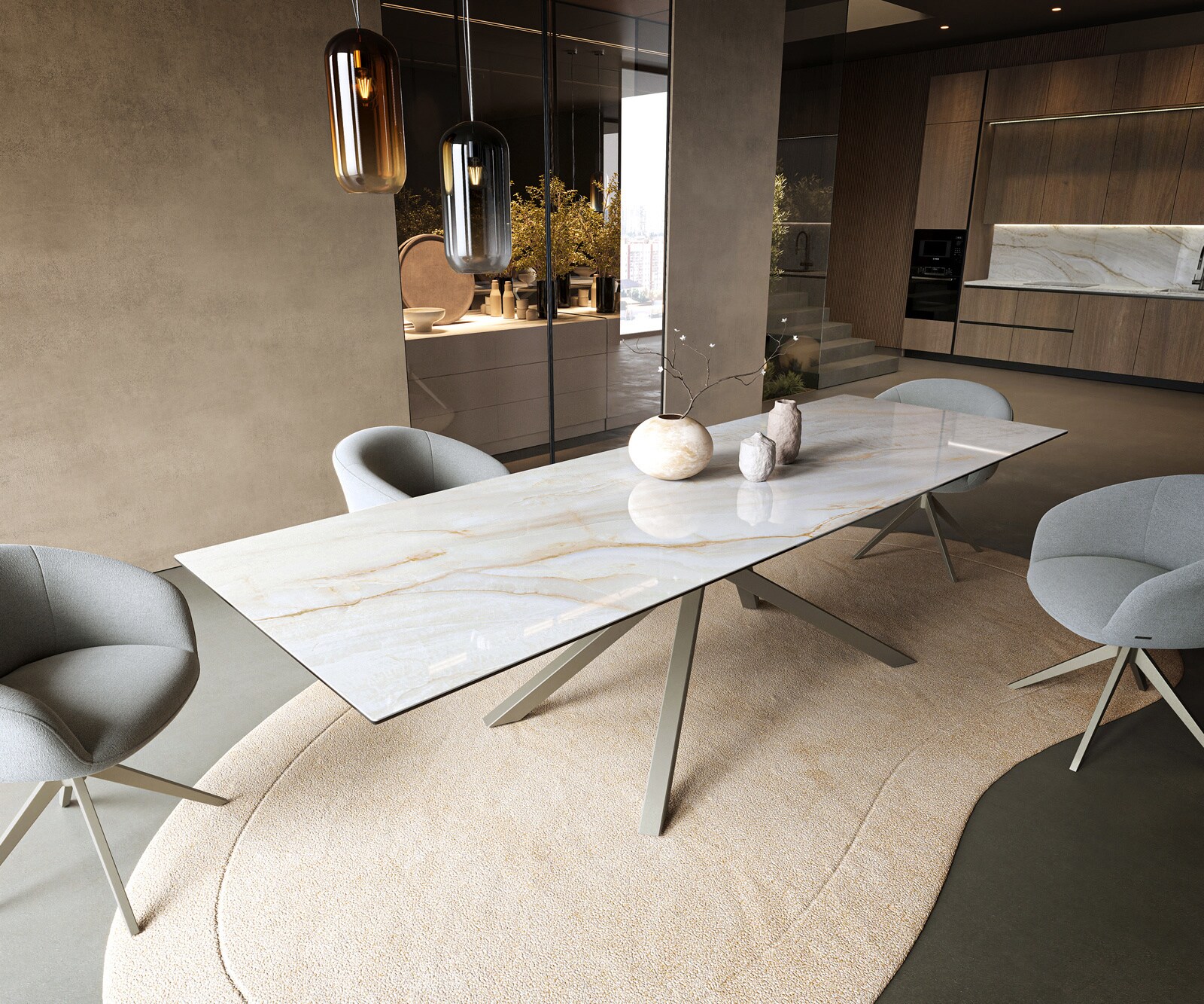 Table à manger Edge 300x100 cm céramique Onyx Pearl piètement croisé rectangulaire finition effet titane