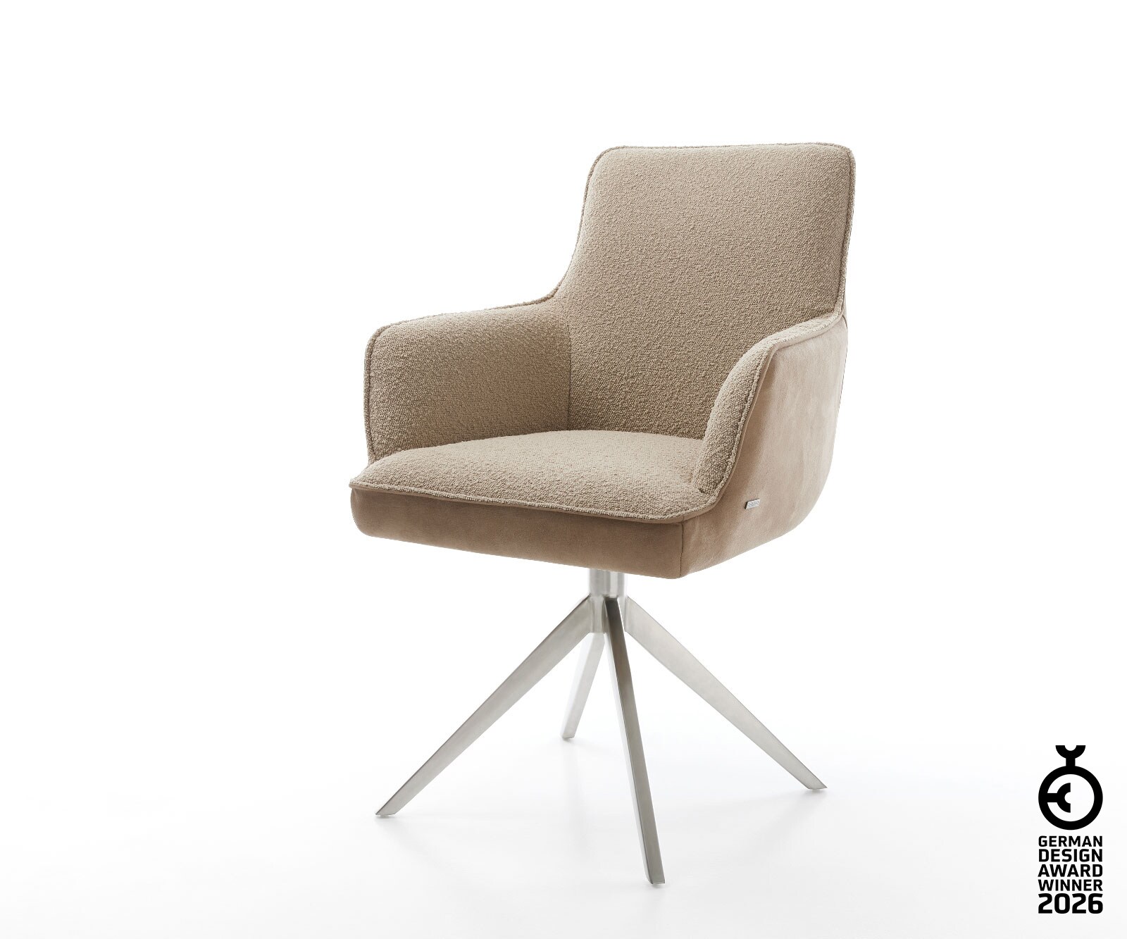 Chaise-pivotante Heira-Flex tissu mixte boue pied croisé large acier inoxydable brossé pivotement sur 360° fonction bascule ressorts ensachés