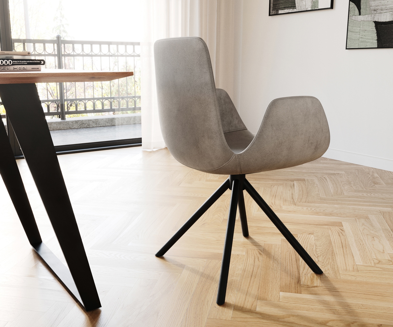 Esszimmerstuhl Ilia-Flex mit Armlehnen Samt Grau Kreuzgestell konisch Schwarz 4 Esszimmerstuhl Ilia-Flex mit Armlehnen Samt Grau Kreuzgestell konisch Schwarz 4