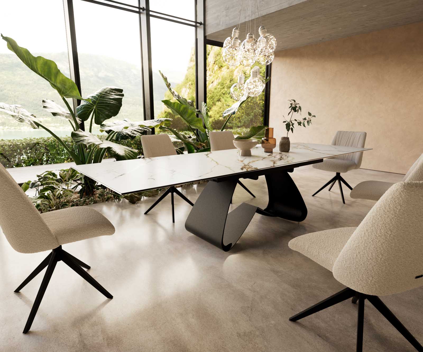 Esstisch Edge 200-300x100 Keramik Calacatta Luxe Weiß-Gold-Grau W-Gestell Schwarz ausziehbar 1