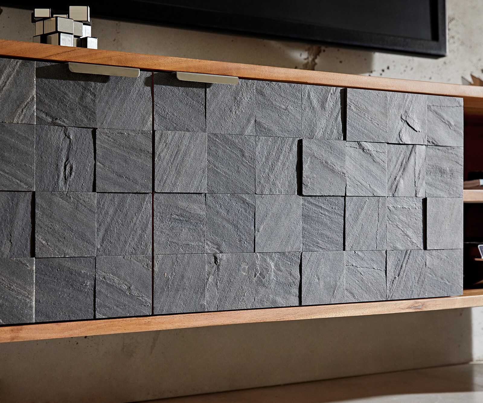 Lowboard Teele 160 cm Akazie Natur Schiefer 2 Türen Fuß schwebend Edelstahl 4 Lowboard Teele 160 cm Akazie Natur Schiefer 2 Türen Fuß schwebend Edelstahl 4