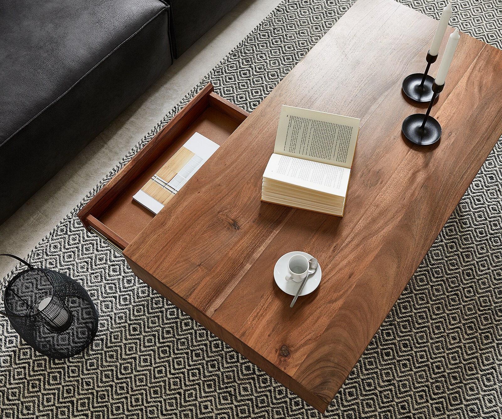 Table-basse Stonegrace 115x60 cm Acacia marron ardoise 2 tiroirs 1 compartiment Pied en V noir 3