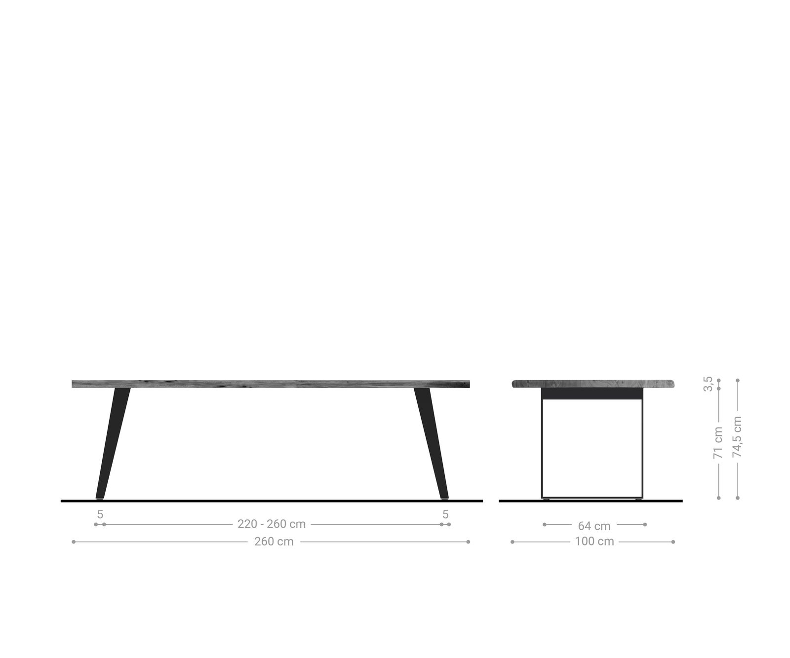 Table-à-manger Edge 260x100cm acacia nature acier inoxydable argent incliné Live-Edge 4