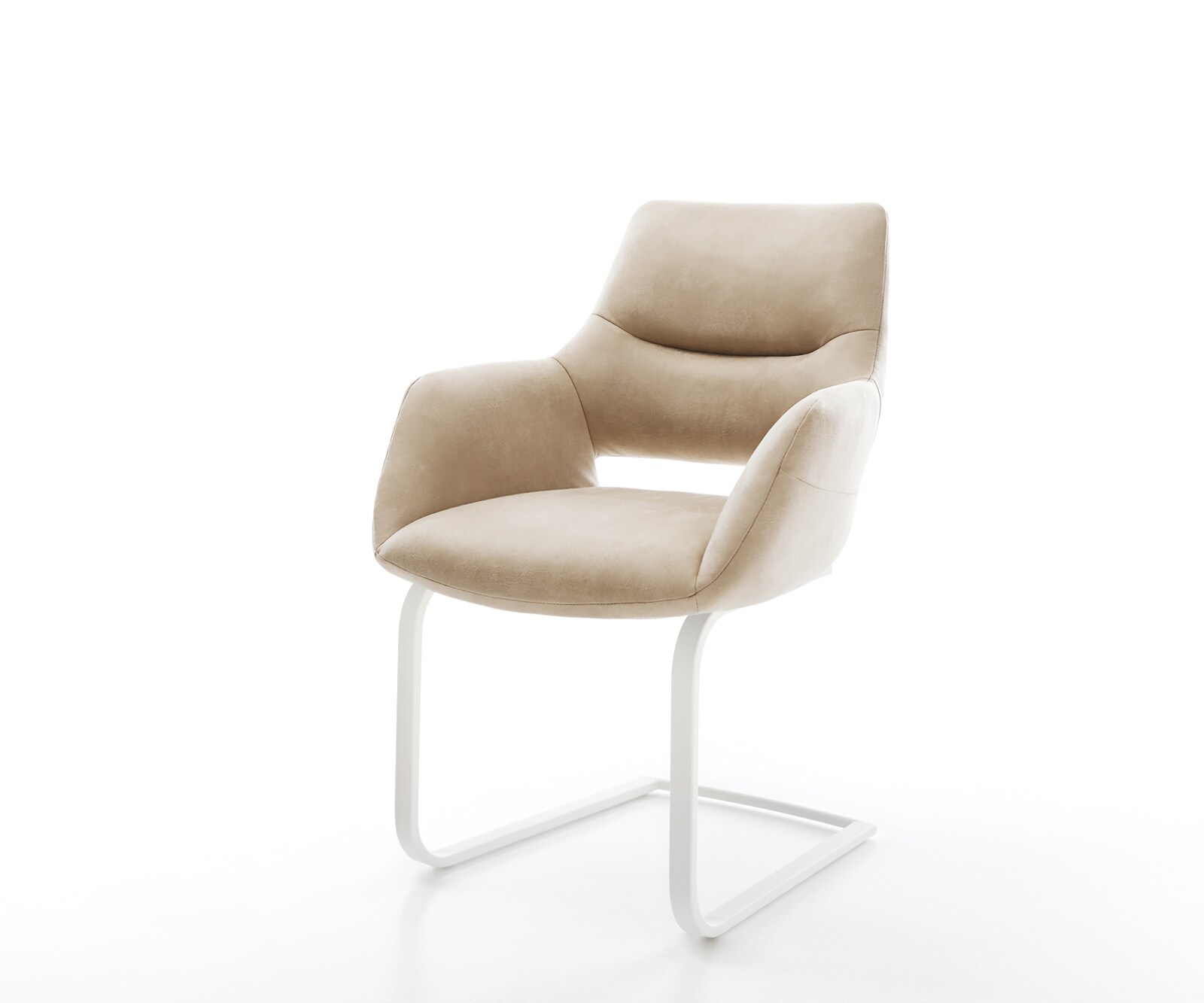 Cantilever Yago-Flex avec accoudoirs microfibre beige vintage pied cantilever plat blanc ressorts ensachés