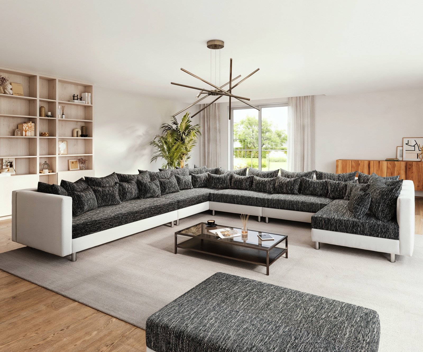 Wohnlandschaft Clovis XXL Weiss Schwarz mit Hocker Ottomane Links 1