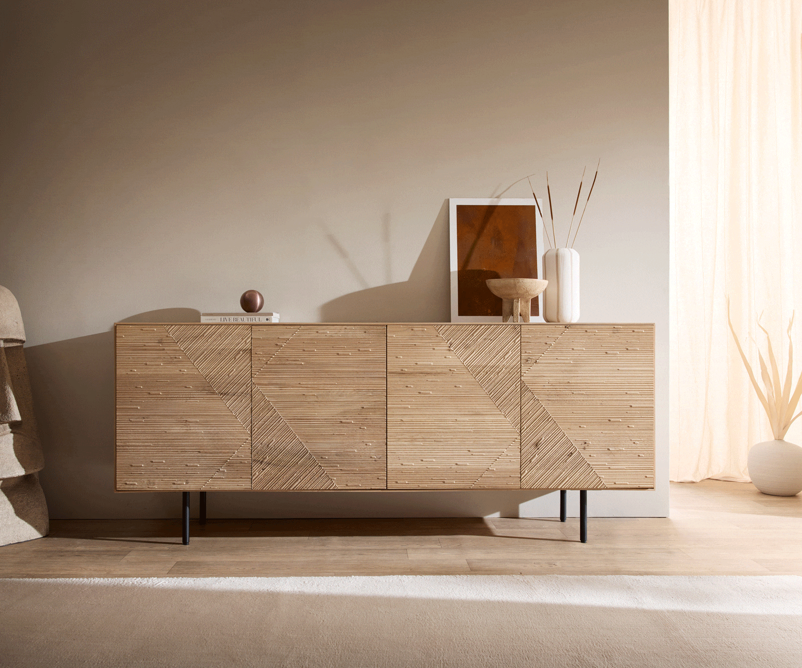 Sideboard Tereos 200 cm Eiche Natur 3D Effekt 4 Türen Rundfuß Metall Schwarz 6 Sideboard Tereos 200 cm Eiche Natur 3D Effekt 4 Türen Rundfuß Metall Schwarz 6