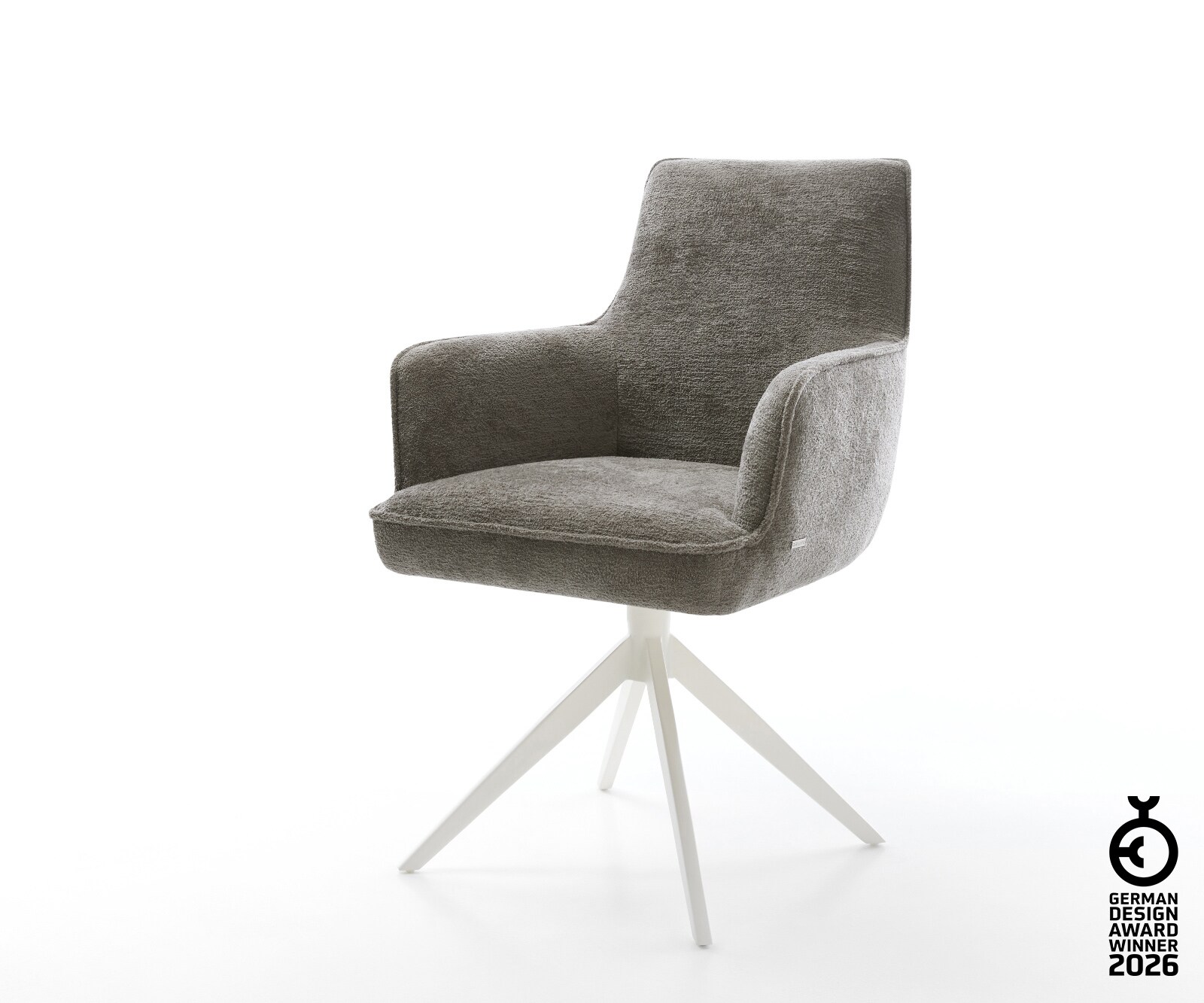 Chaise-pivotante Heira-Flex avec accoudoirs bouclé doux couleur boue pied croisé large blanc pivotement sur 360° fonction bascule resorts ensachés 1