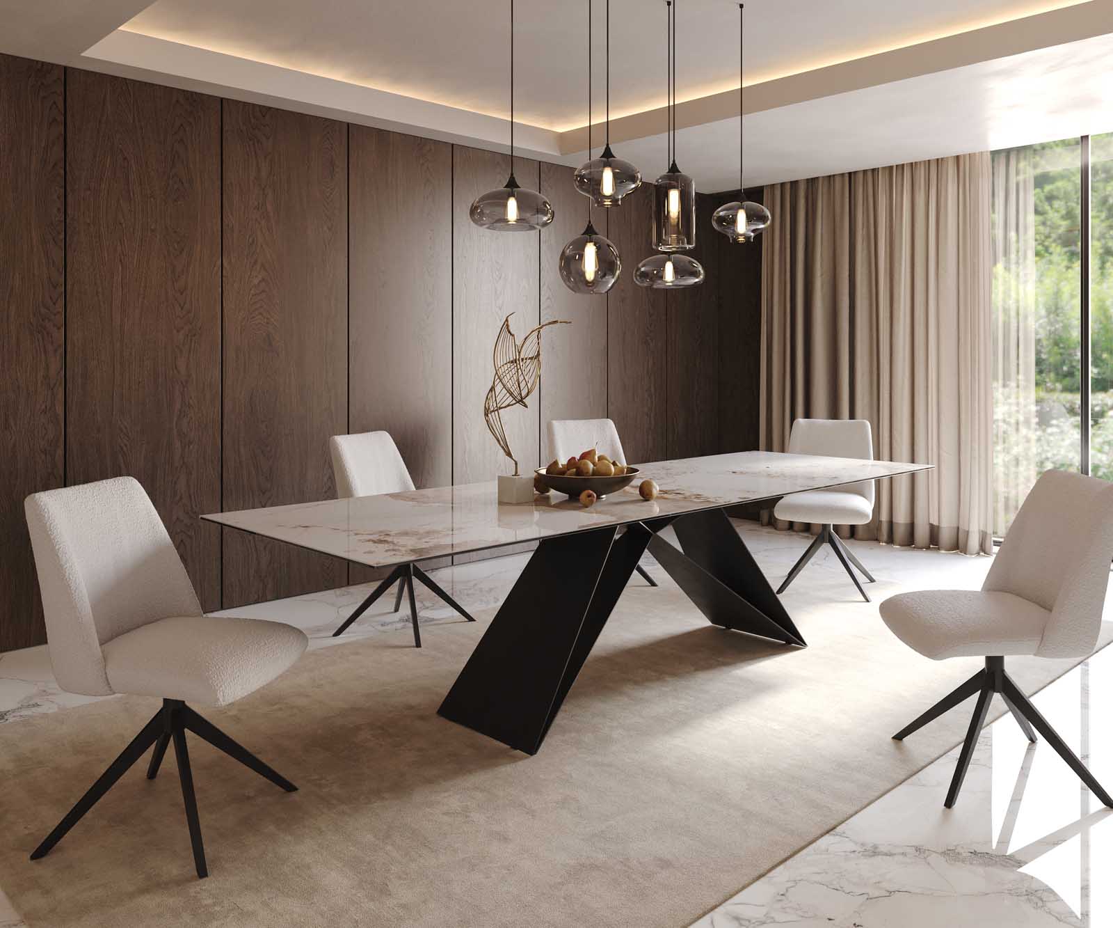 Esstisch Edge 300x100 Keramik Minas Melange Weiß-Beige V-Gestell Flachstahl Schwarz 8