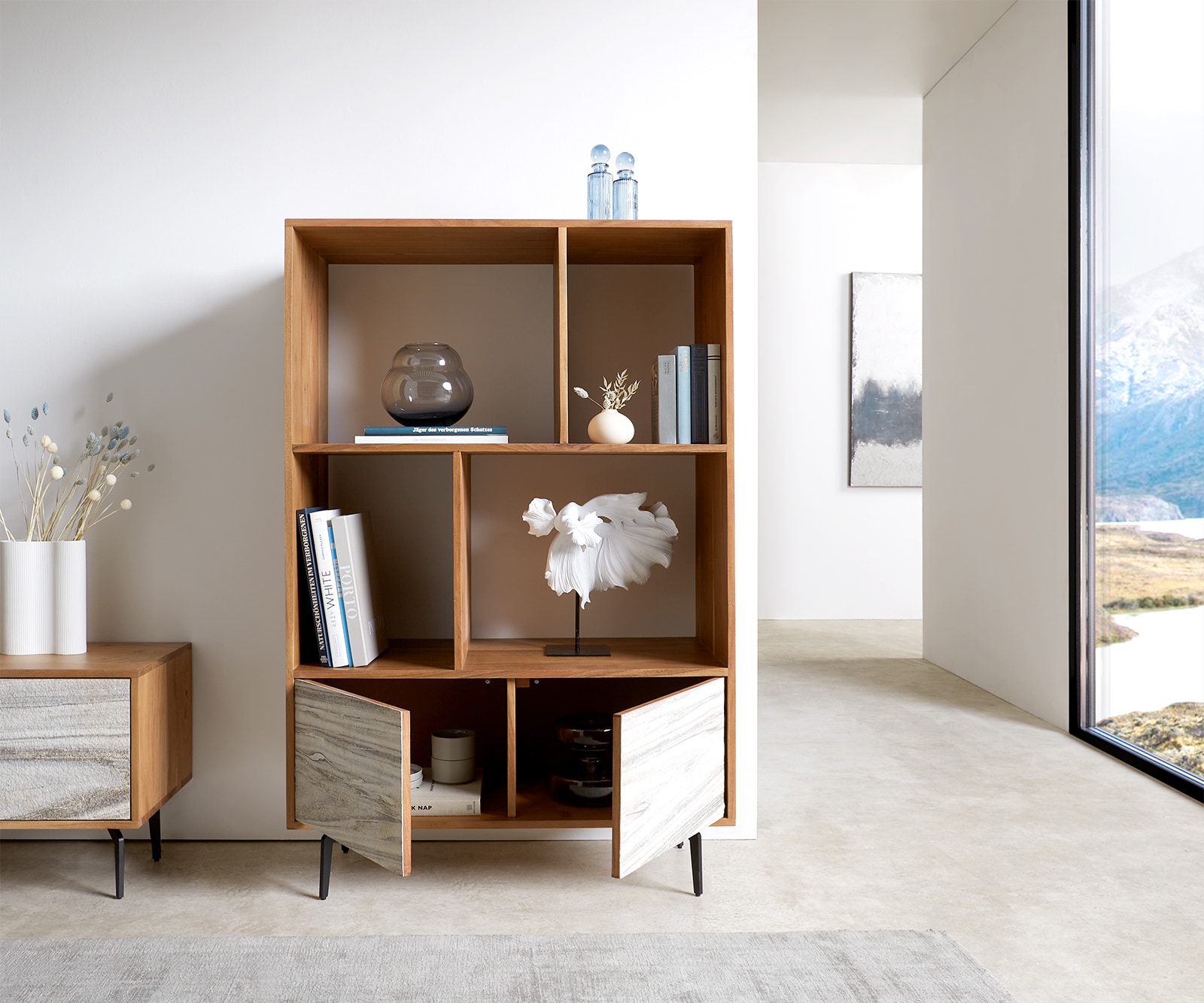 Highboard Kleo 90x130 cm Akazie Natur 2 Türen Winkelfuß Metall Schwarz 3 Highboard Kleo 90x130 cm Akazie Natur 2 Türen Winkelfuß Metall Schwarz 3